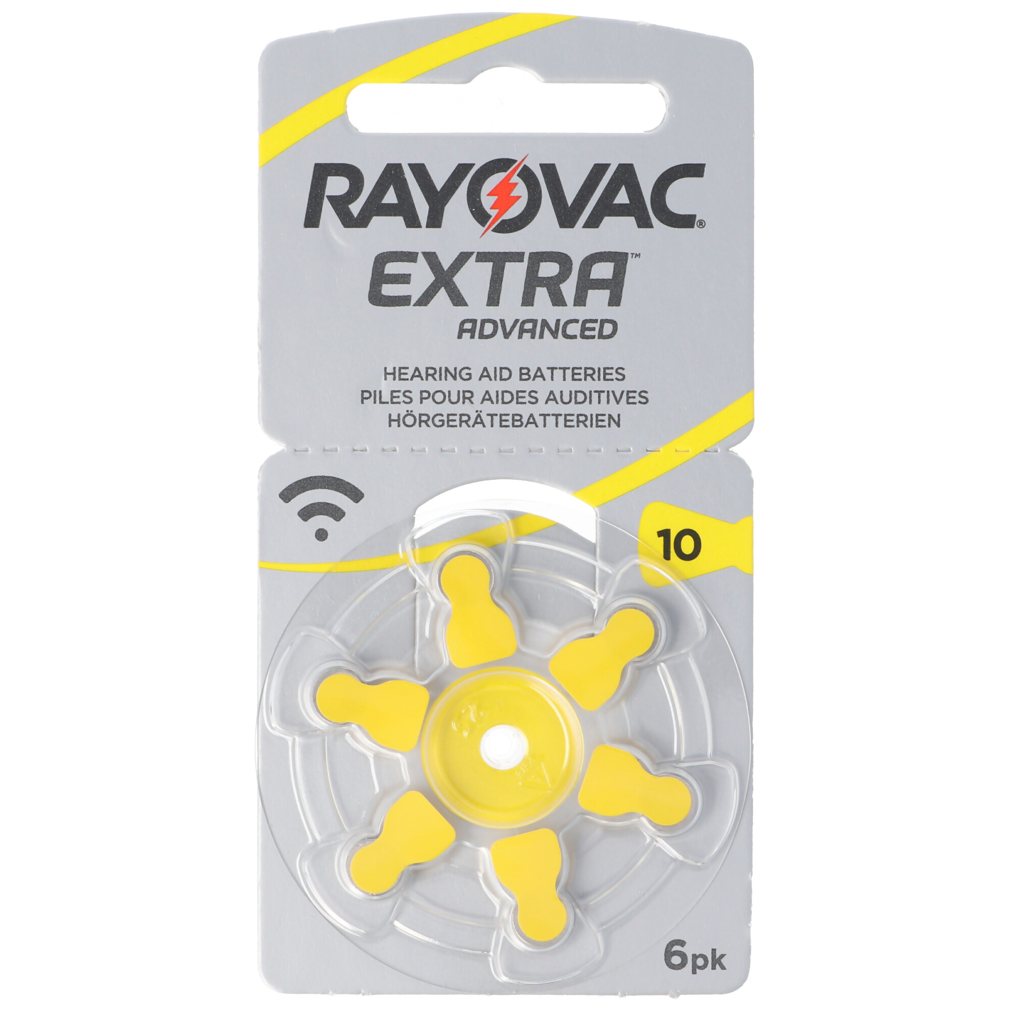 Eine Packung Rayovac Extra Advanced Hörgerätebatterien. Die Batterien sind gelb und in einem transparenten Gehäuse.