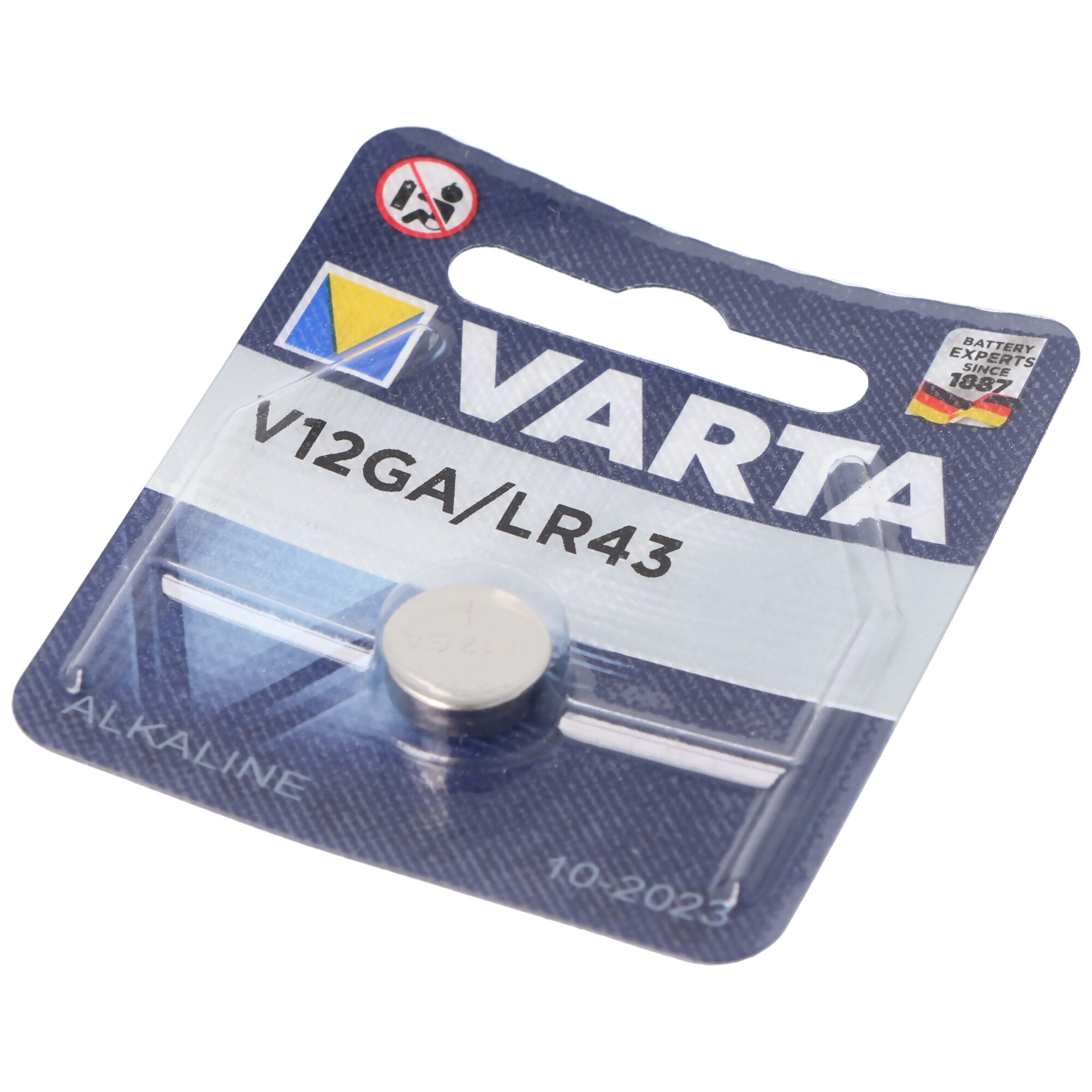 VARTA Batterie-Blisterpackung mit V12GA/LR43 Batterie. Weißer Hintergrund.