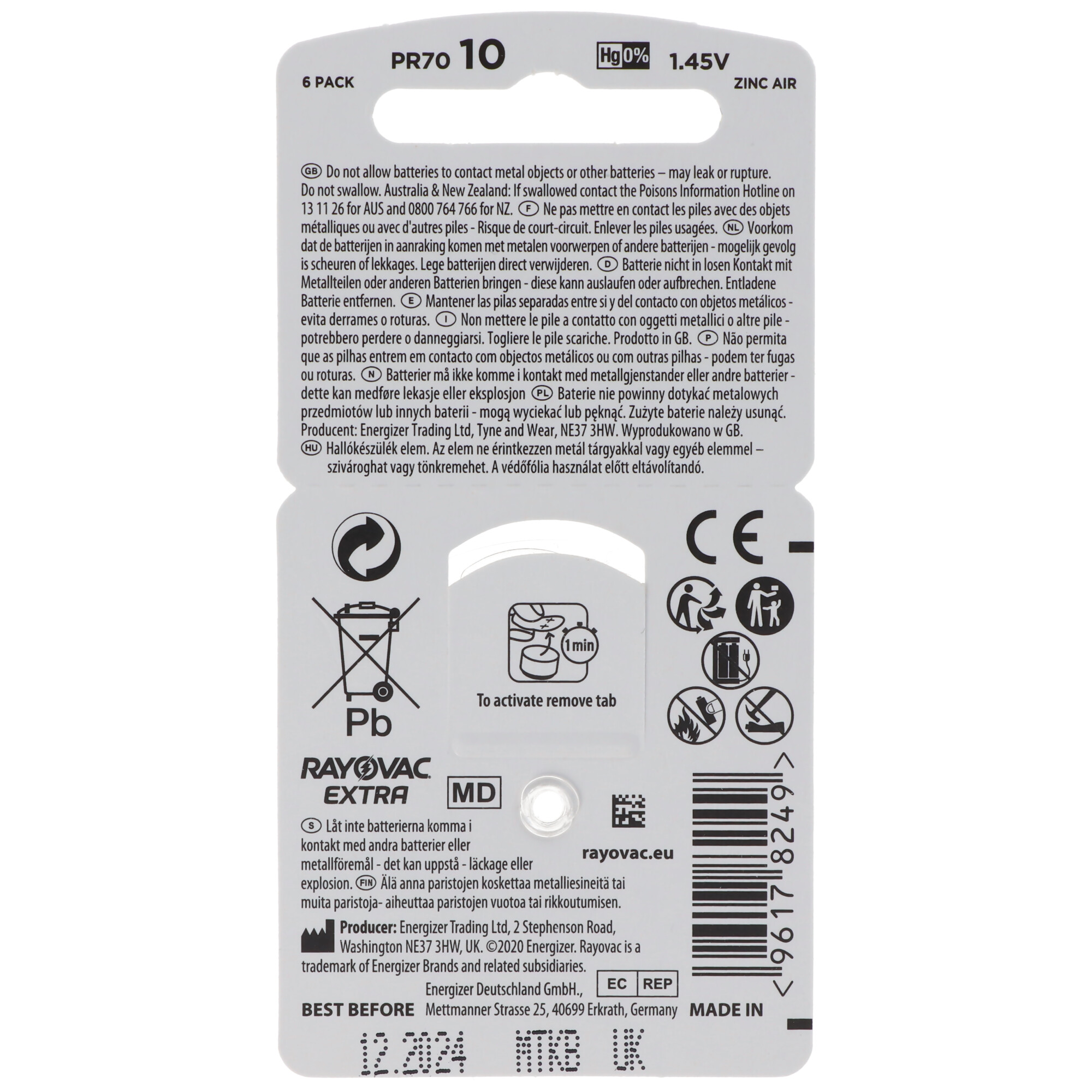 Batteriepackung mit Anweisungen, Warnungen und einer Rayovac Extra MD PR70 1,45V Batterie.
