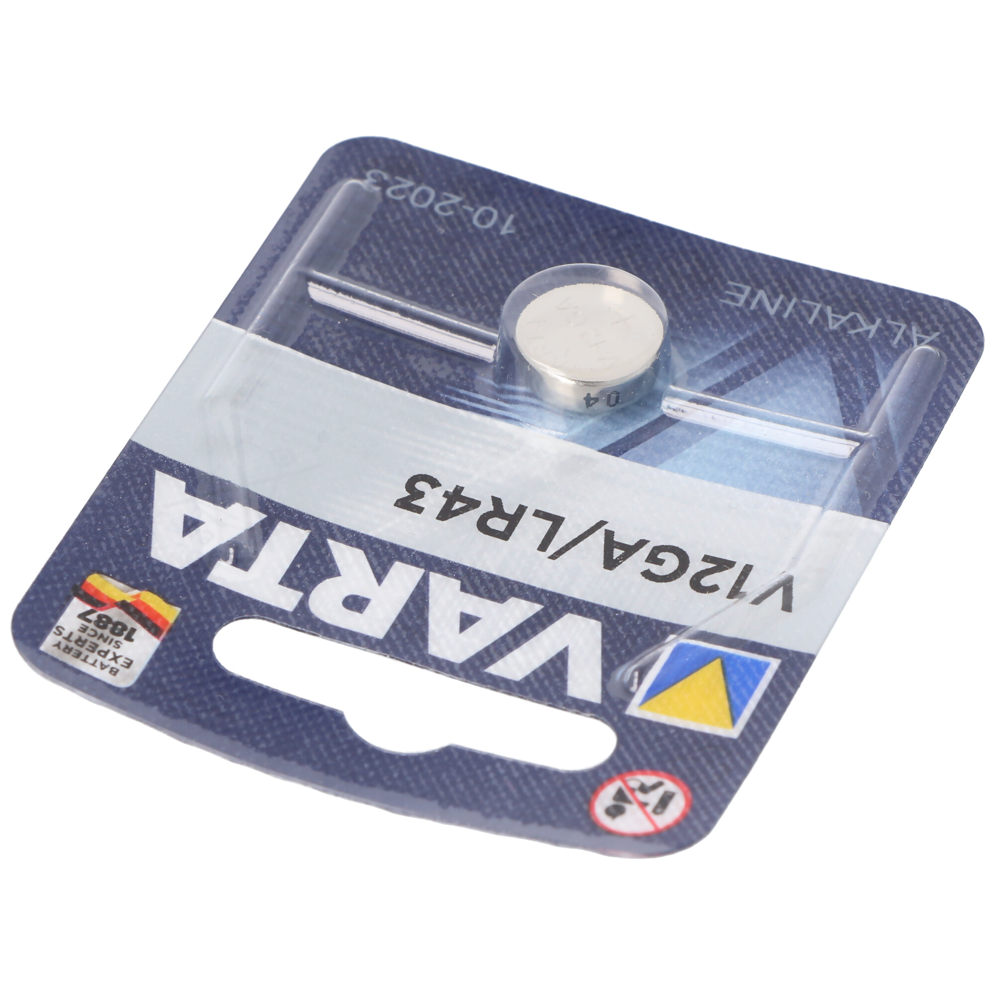 VARTA V12GA/LR43 Batterie. Blisterverpackung. Silberne Batterie. Weißer Hintergrund.