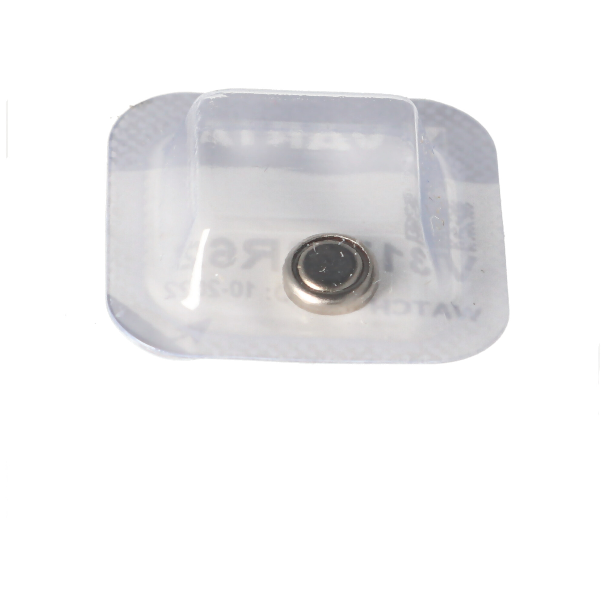 Kleine, runde Silberbatterie in einer transparenten Blisterpackung.