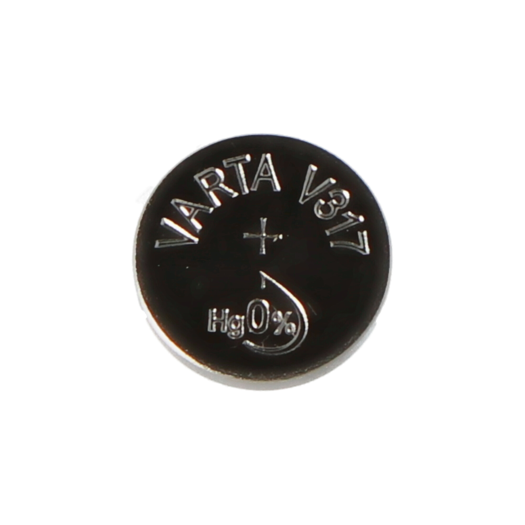 Eine Varta V317 Batterie. Die Batterie hat ein Pluszeichen und Hg0% darauf.