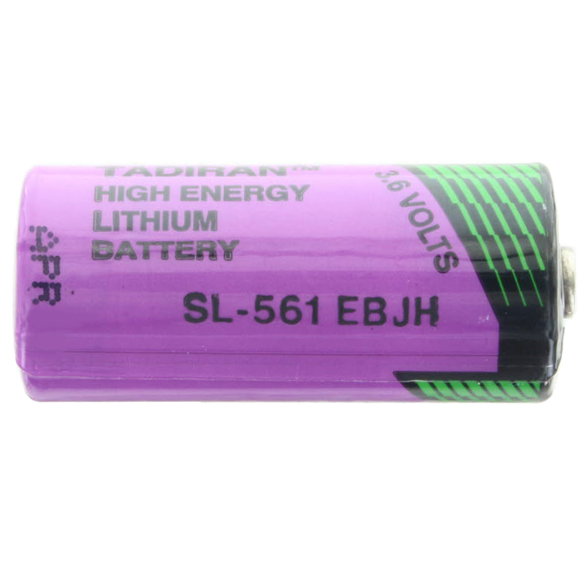 Lila Batterie mit grünen Linien, der Text auf der Batterie ist sichtbar.