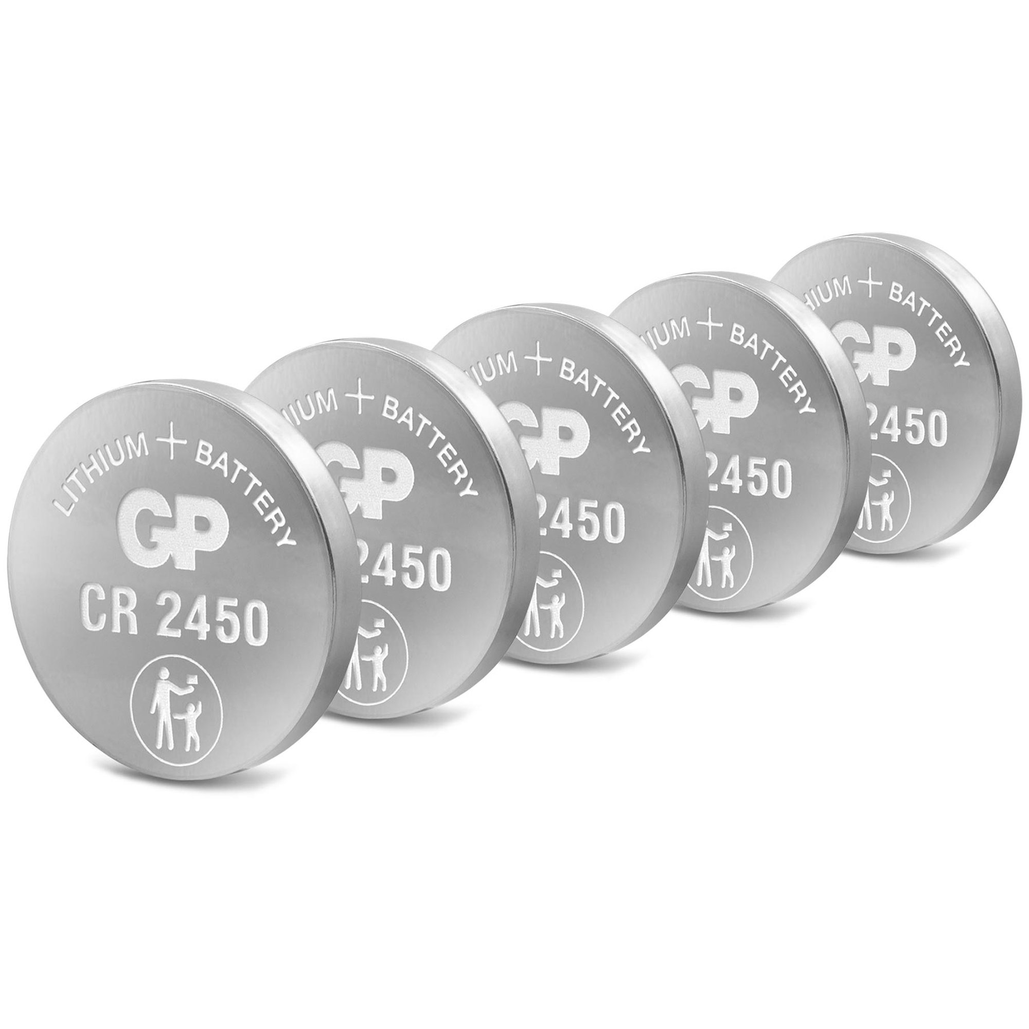 Fünf silberne CR 2450 Batterien mit der Aufschrift 'Lithium + Battery'.