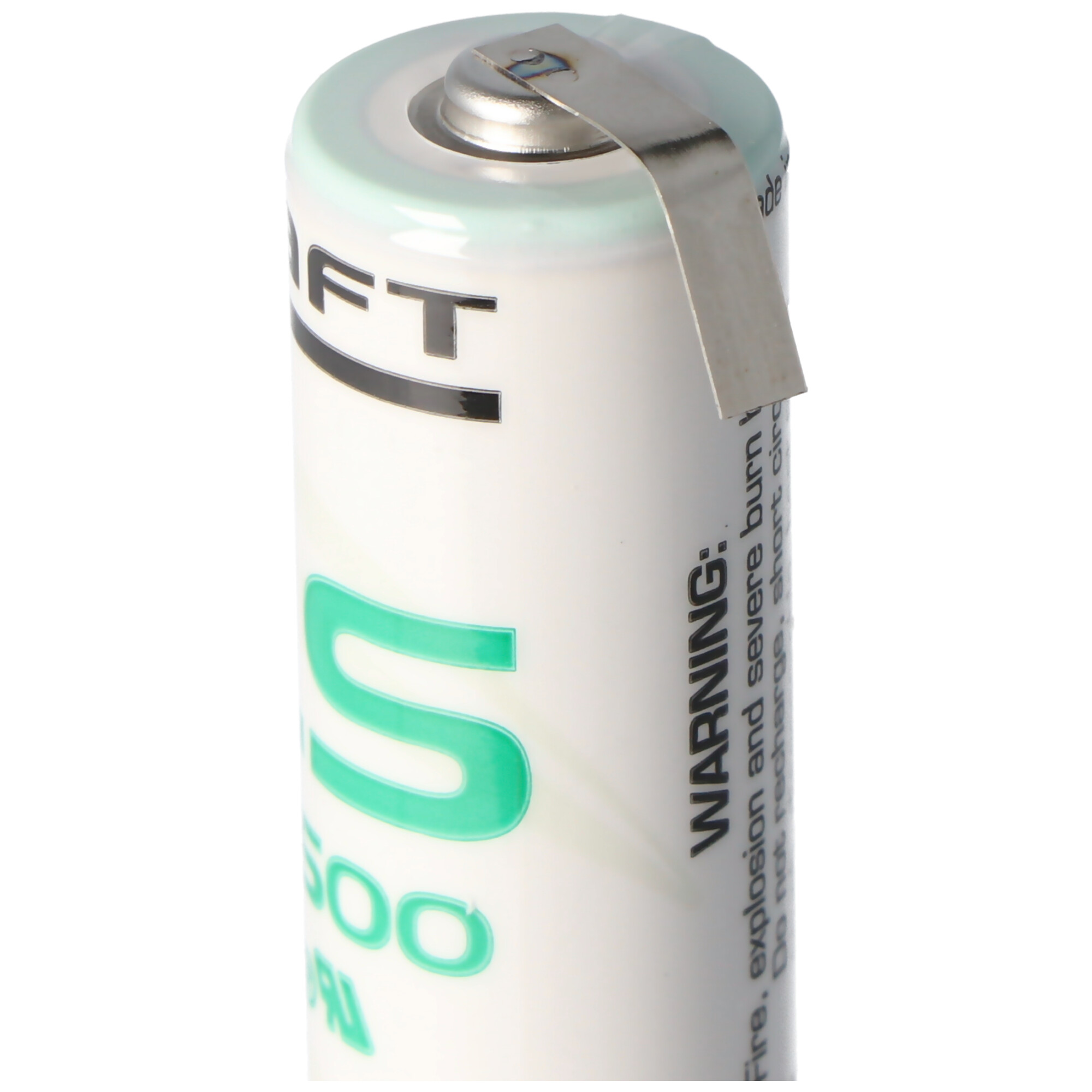 Eine weiße Batterie der Größe D mit einem grünen 'D500'-Etikett und einer Metalllasche oben.