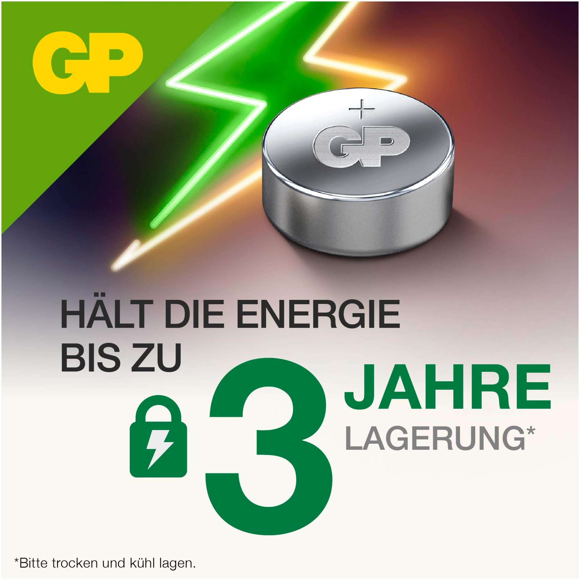Knopfzellenbatterie mit metallischer Oberseite. Hat GP-Logo und Text, die Energie für 3 Jahre zeigen.