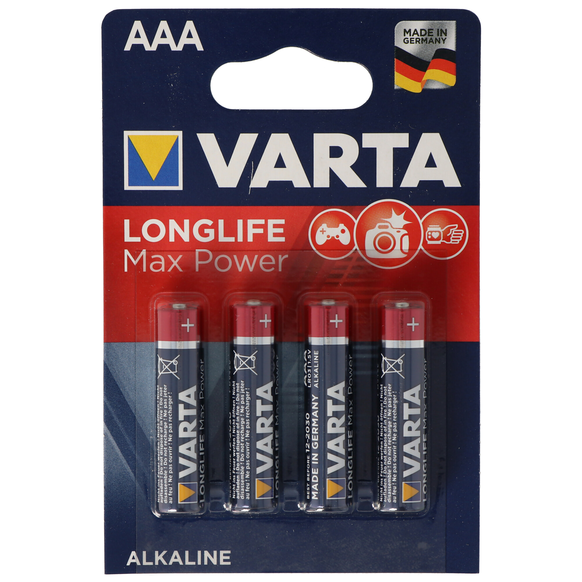 Packung mit vier AAA Varta Batterien, blau-rote Verpackung, weißer Hintergrund.