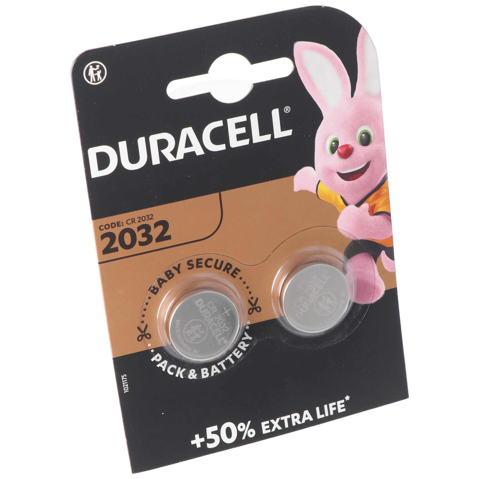 Duracell-Batteriepack mit zwei CR 2032-Batterien, mit Duracell-Häschen und Baby-Secure-Label.