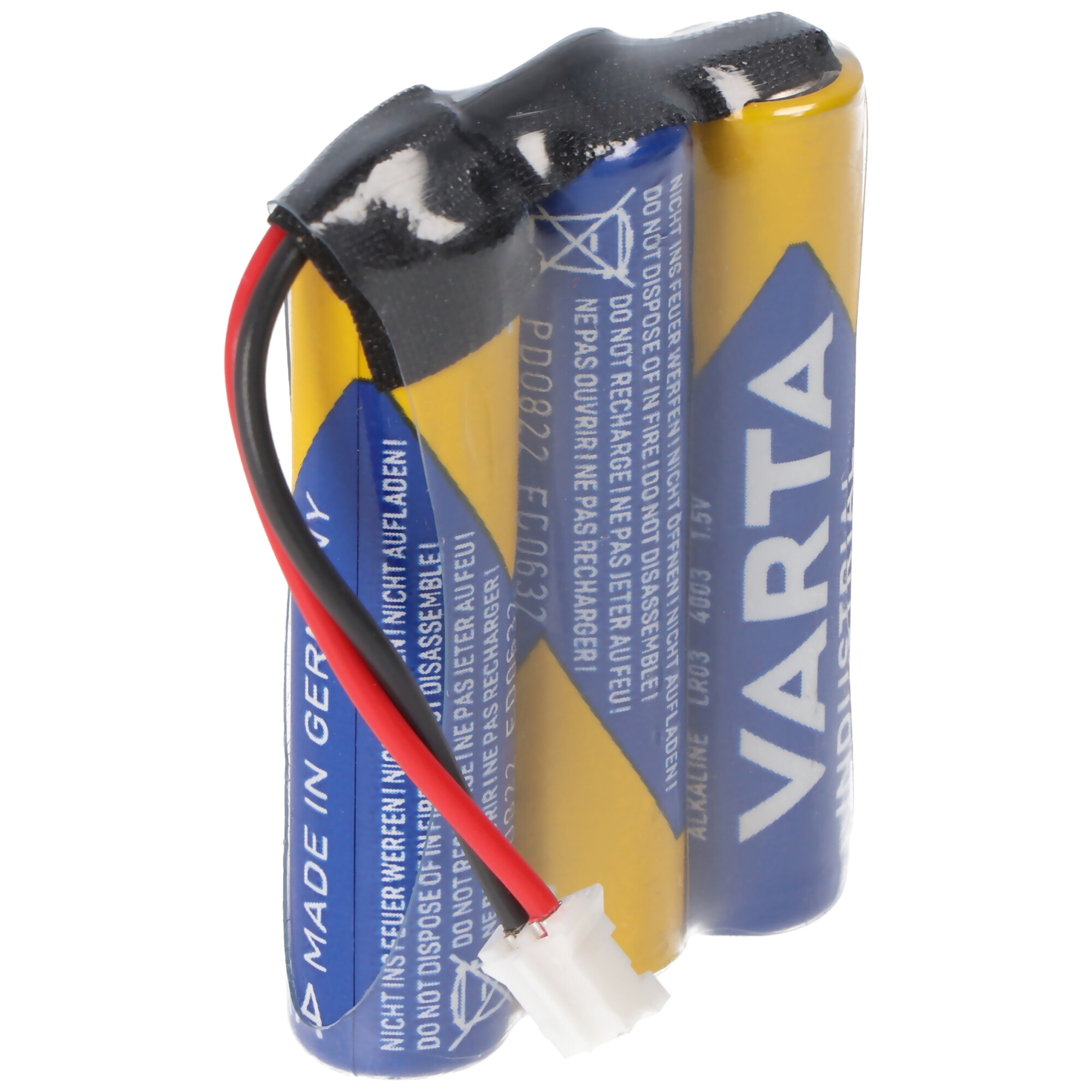 Zwei gelbe und blaue Batterien in Plastik verpackt, mit roten und weißen Drähten.