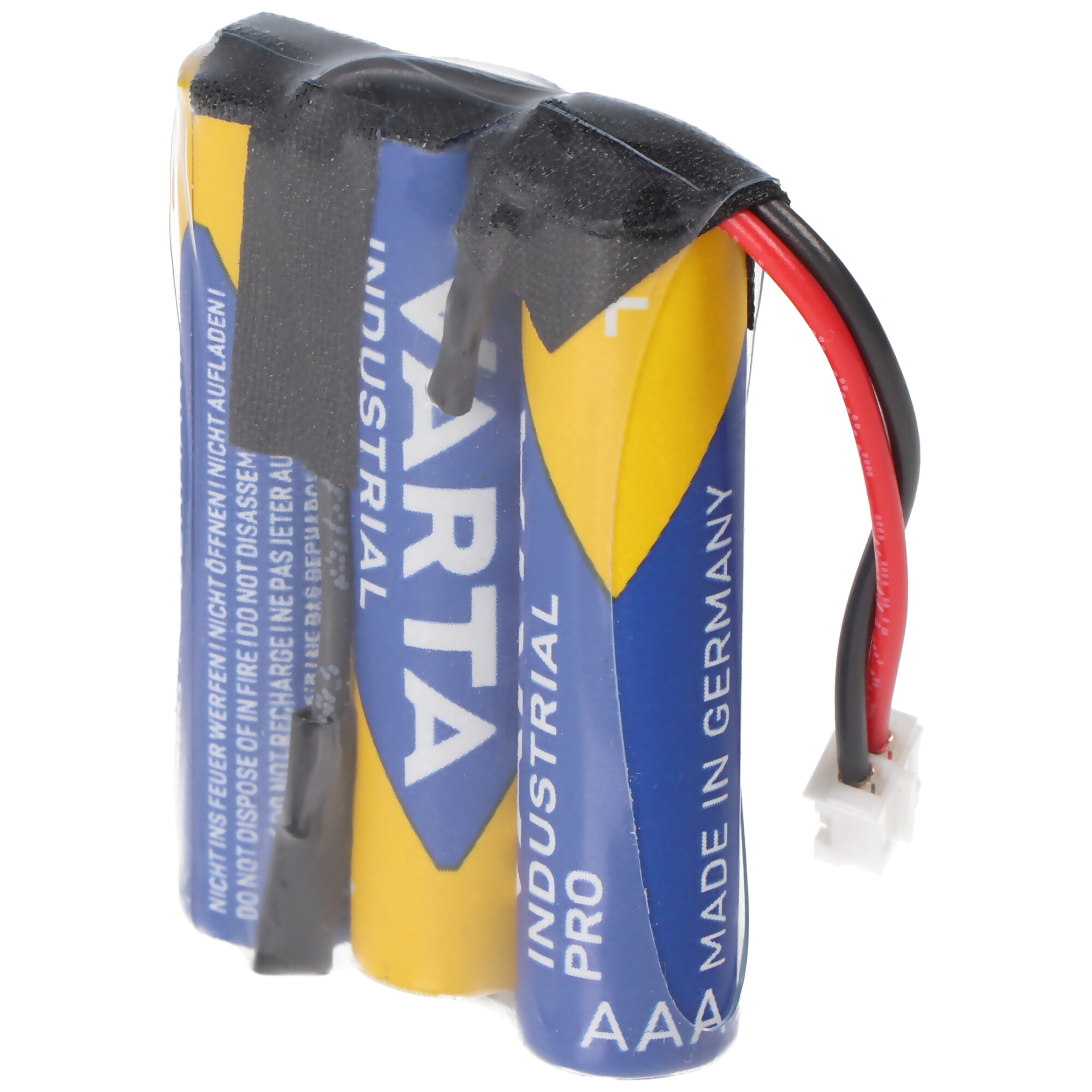 Packung mit drei zylindrischen Batterien, in Kunststoff verpackt, mit Stecker und Drähten.