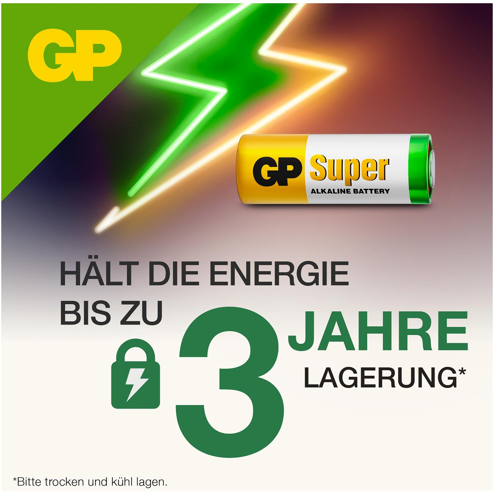 Batterie mit Text: Super, 3 Jahre Lagerung. Grüner Blitz und Schlosssymbol.