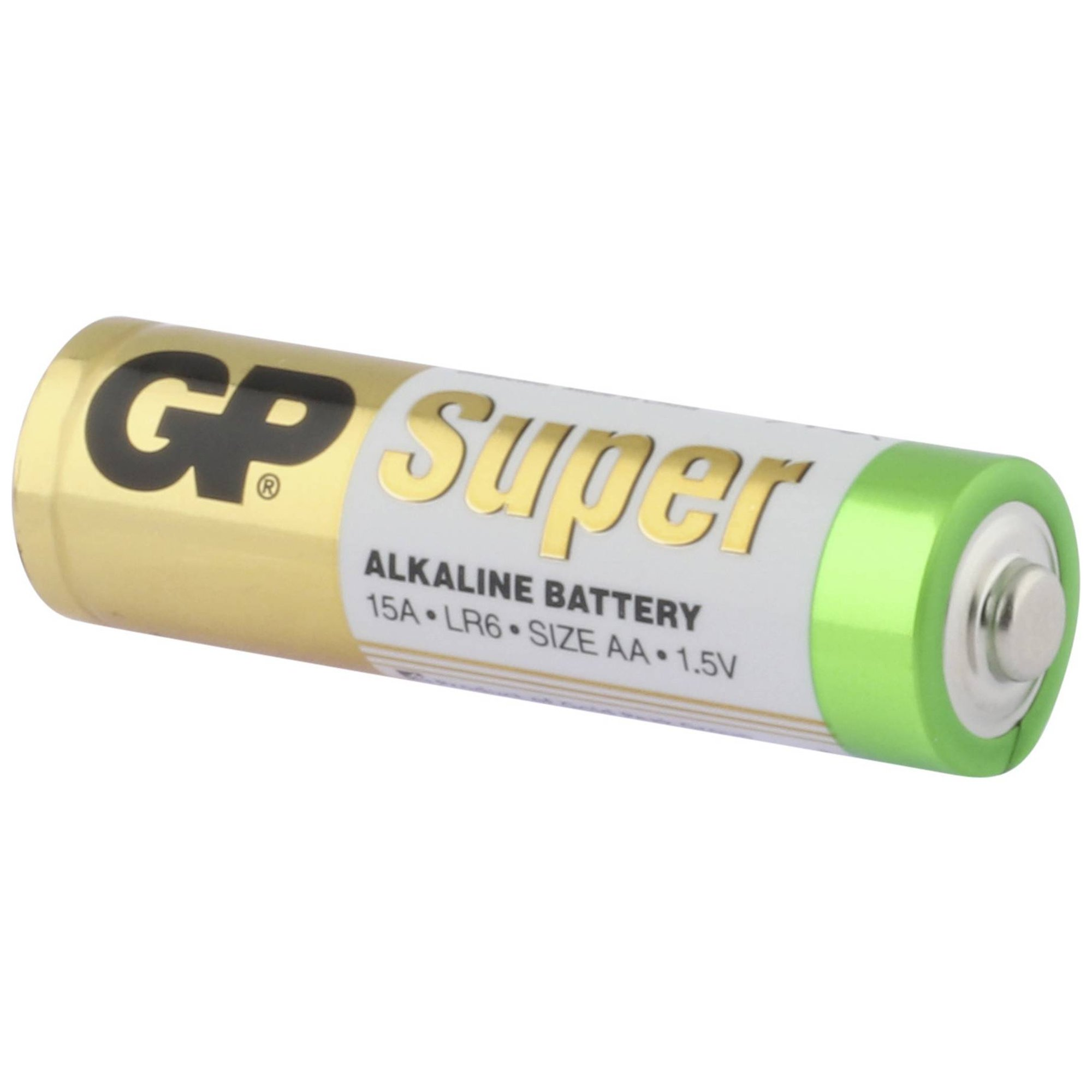 Eine einzelne AA-Batterie. Sie ist gold-weiß mit grünen und schwarzen Akzenten. Aufschrift 'GP Super'.