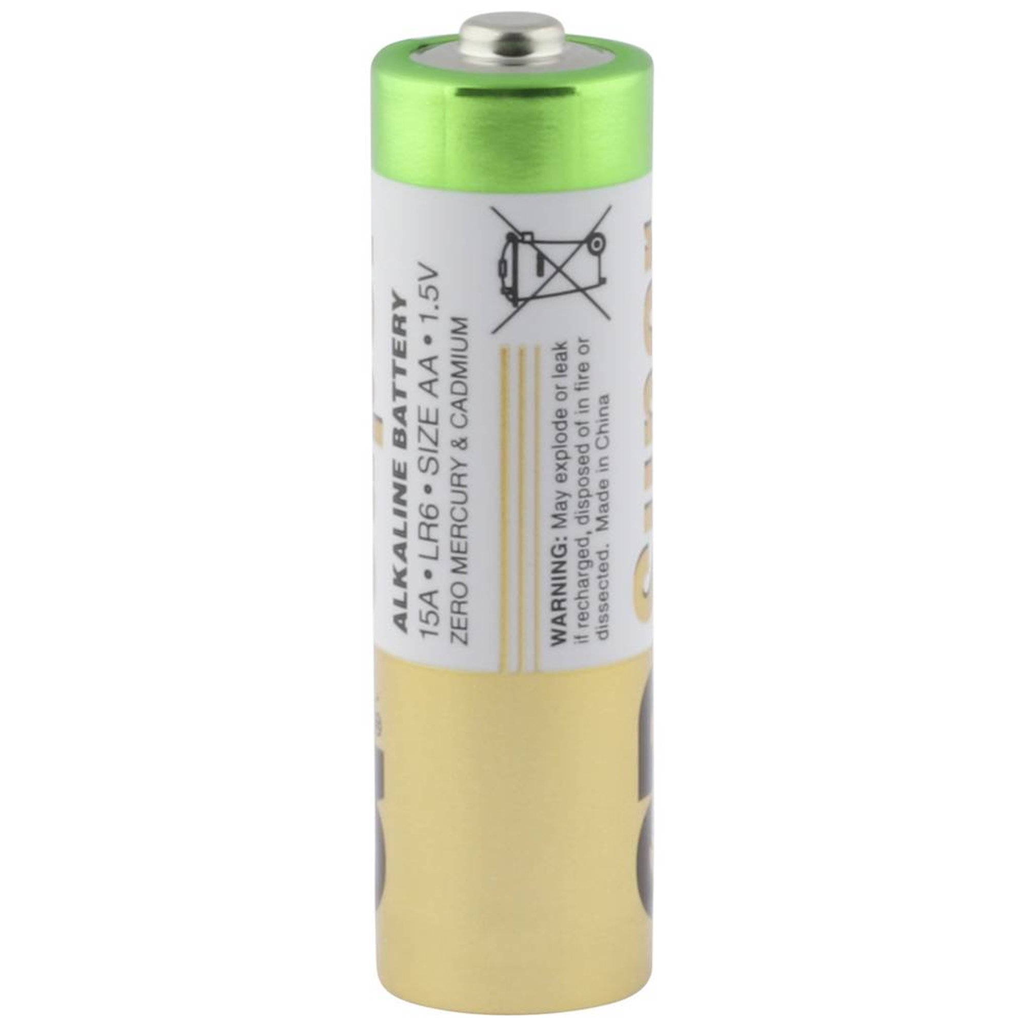AA-Alkalibatterie. Grüner Deckel, weißes Etikett mit Text, gelber Boden. Ohne Quecksilber & Cadmium.