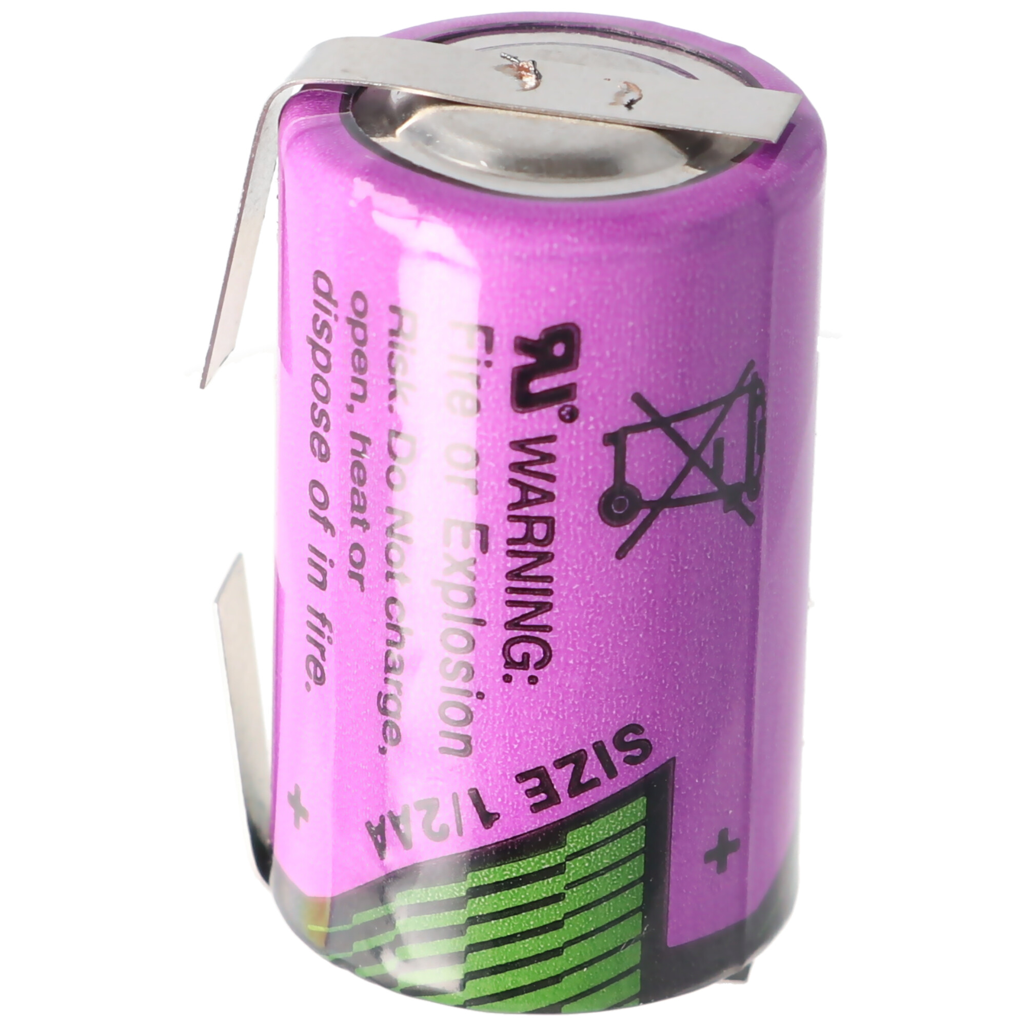 Eine lila-silberne zylindrische Batterie mit Warnhinweisen und einem Metallclip.
