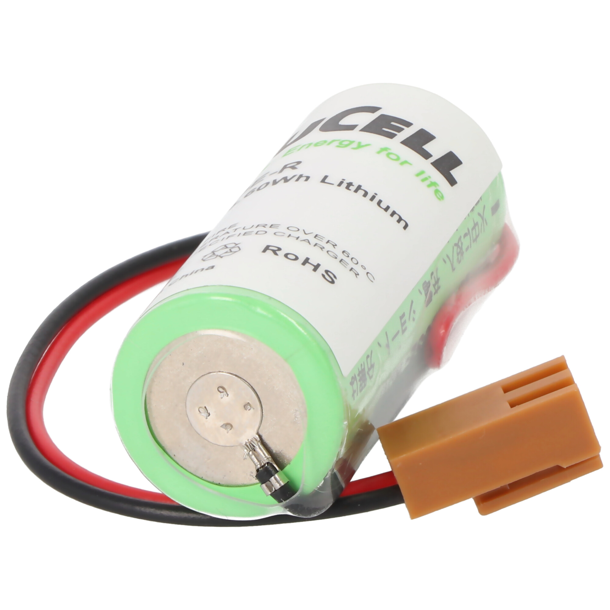 Zylindrische Batterie mit grün-weißem Etikett, schwarzen und roten Drähten und braunem Stecker.