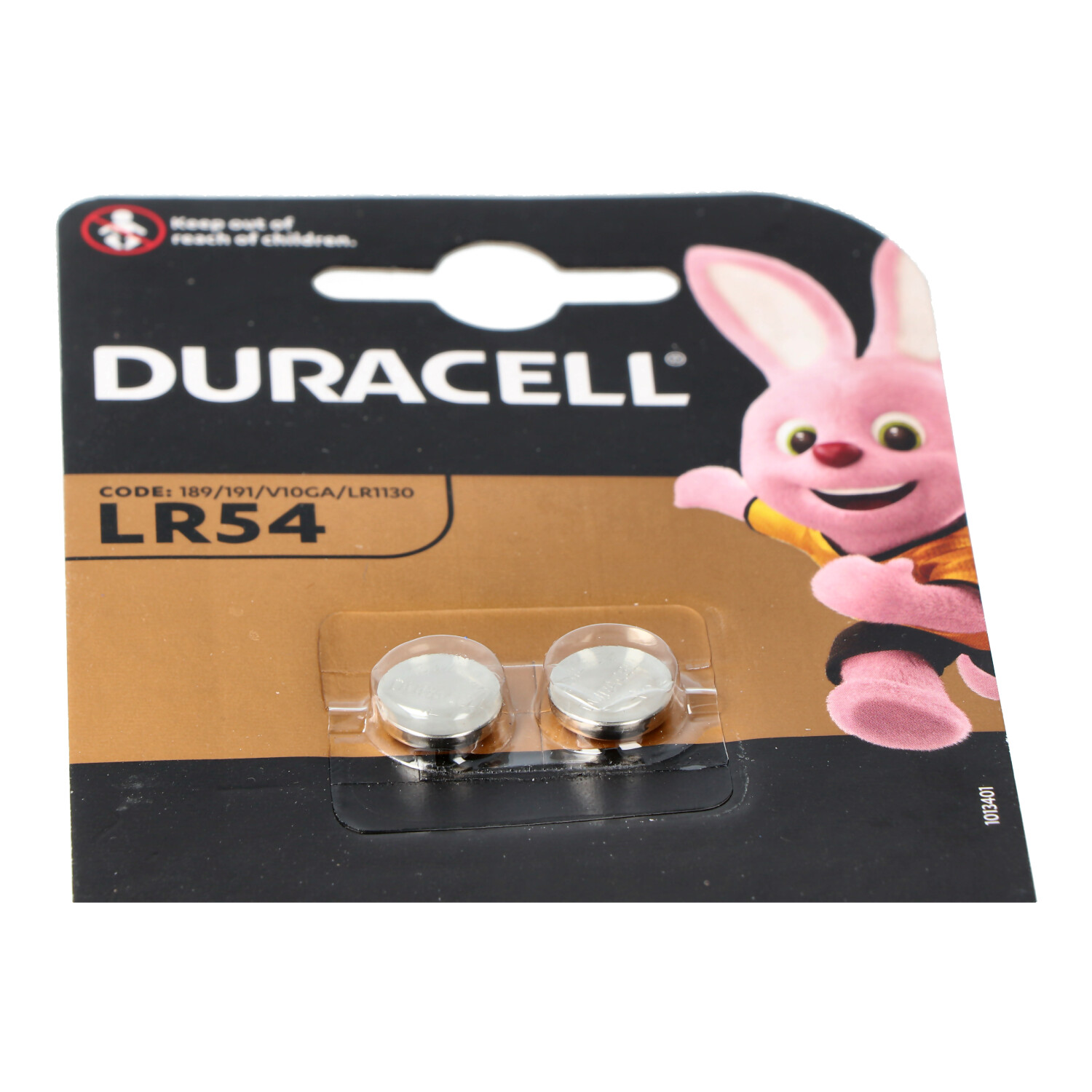 Duracell-Batteriepack mit zwei Batterien. Rosa Hasen-Grafik rechts.