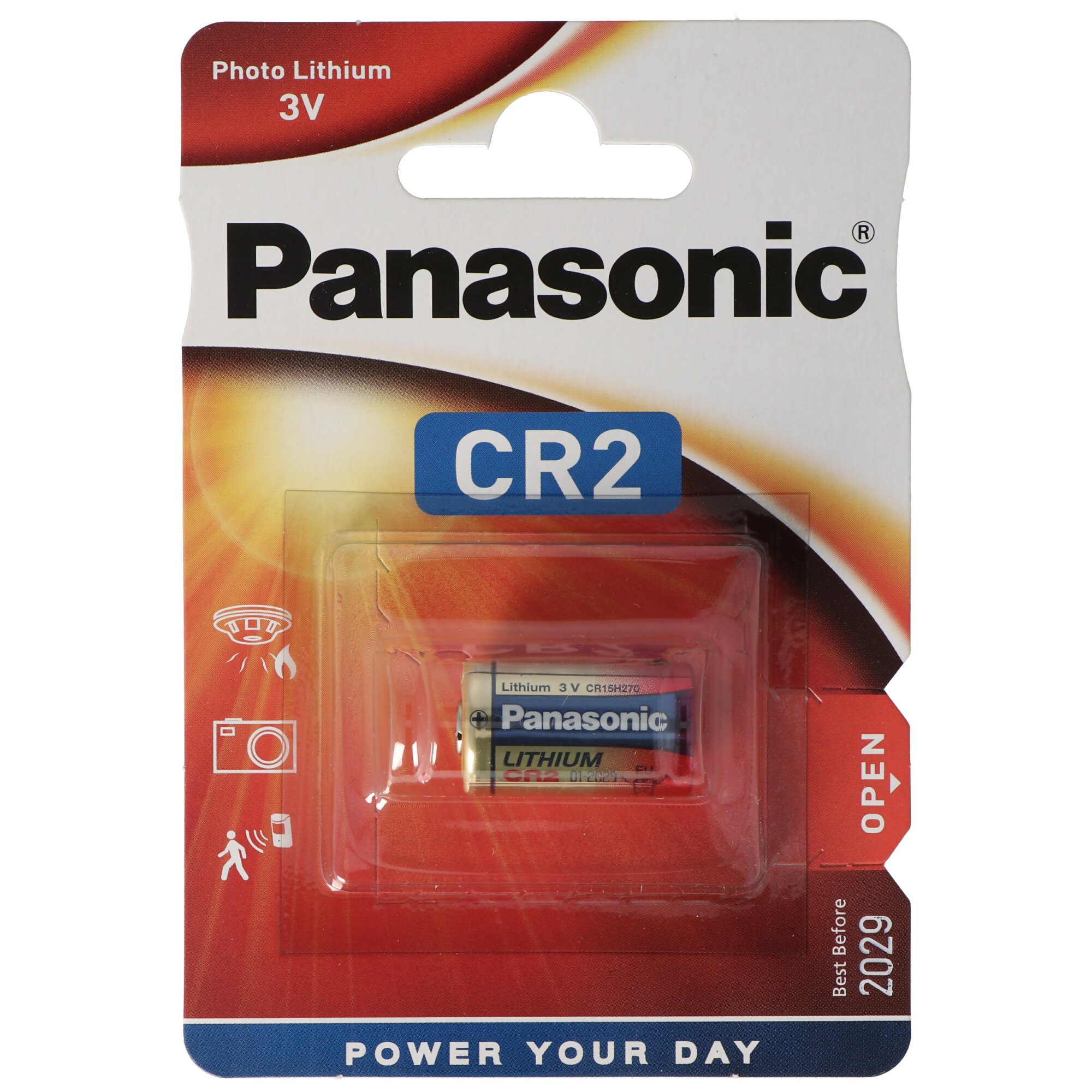 Eine Panasonic-Batteriepackung mit zwei Batterien. Die Packung ist rot, weiß und blau.