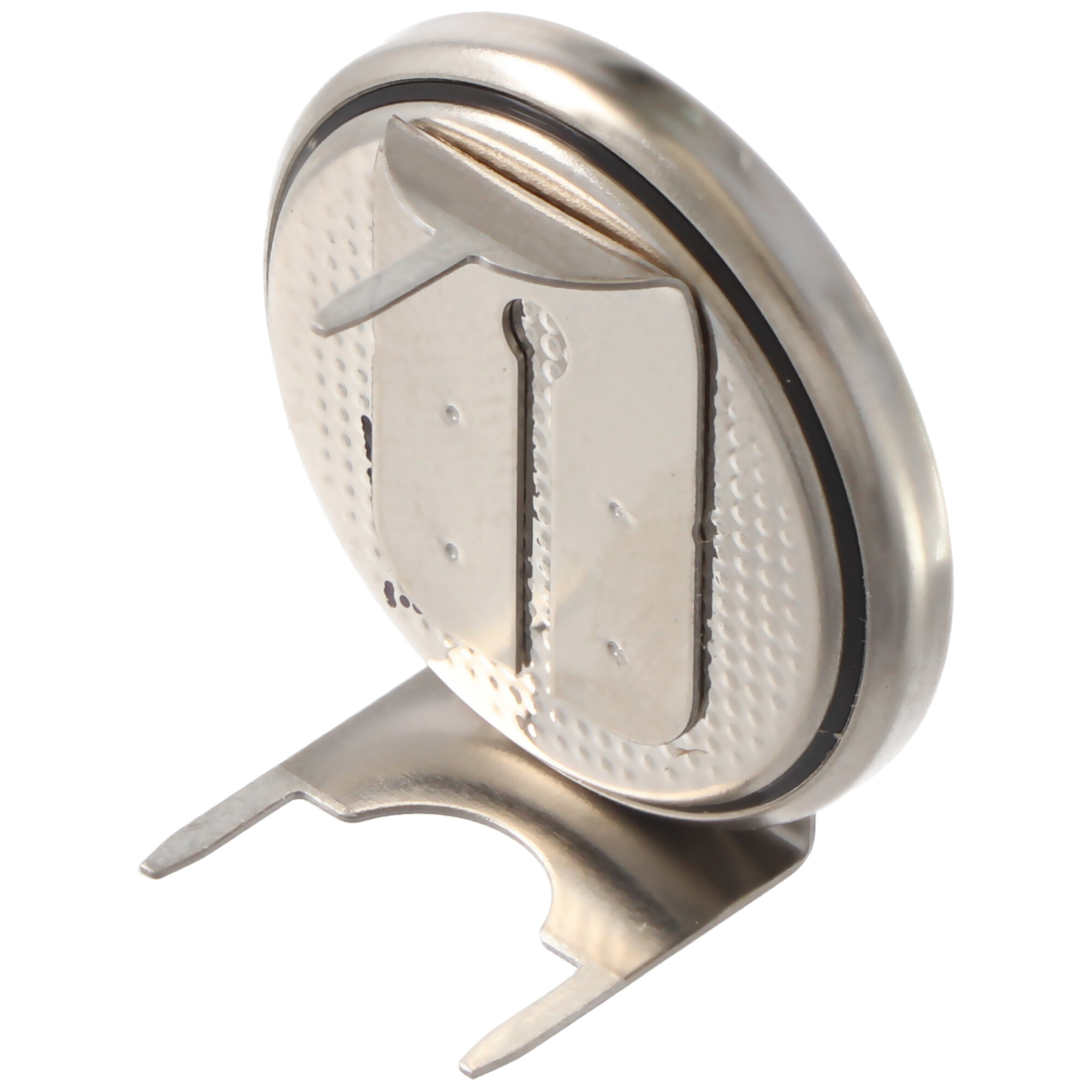 Metall-Golfballmarker, silberfarben mit strukturierter Oberfläche und Ständer mit gebogenen Beinen.
