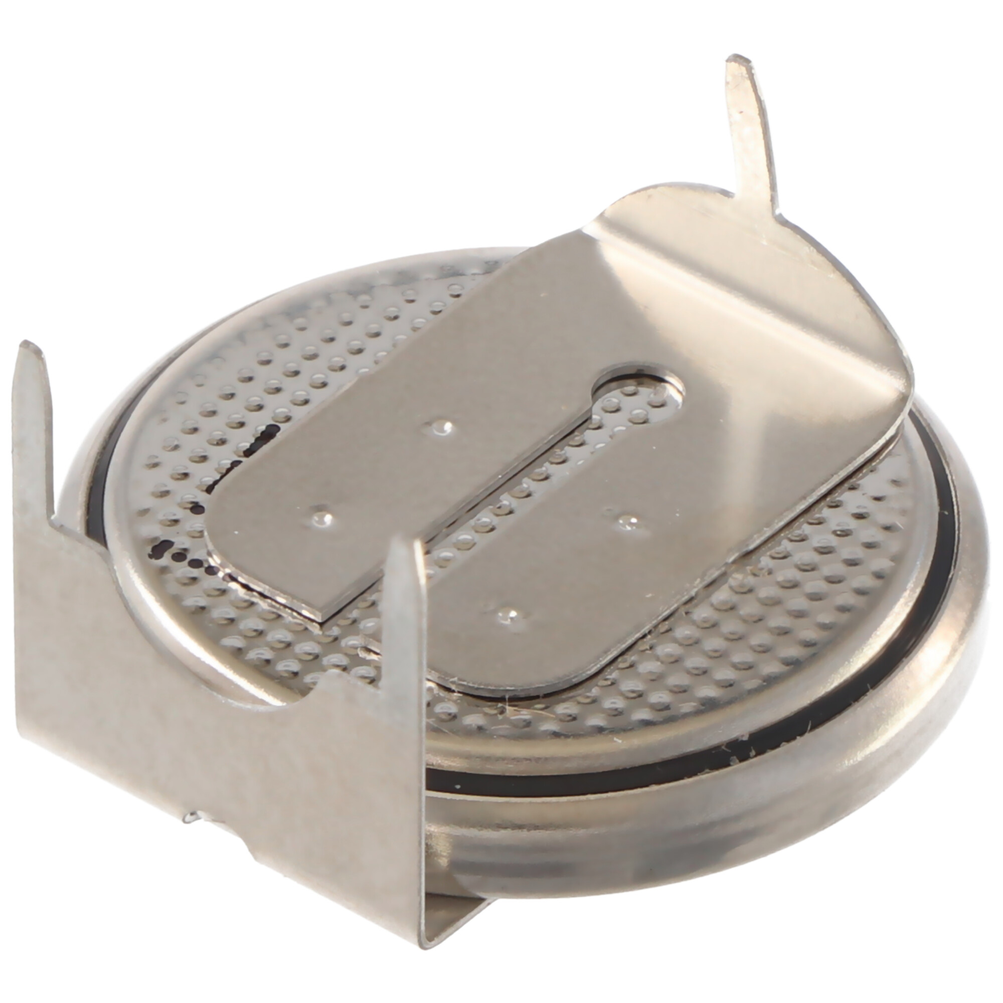 Eine Knopfzellenbatterie mit Metalllaschen.