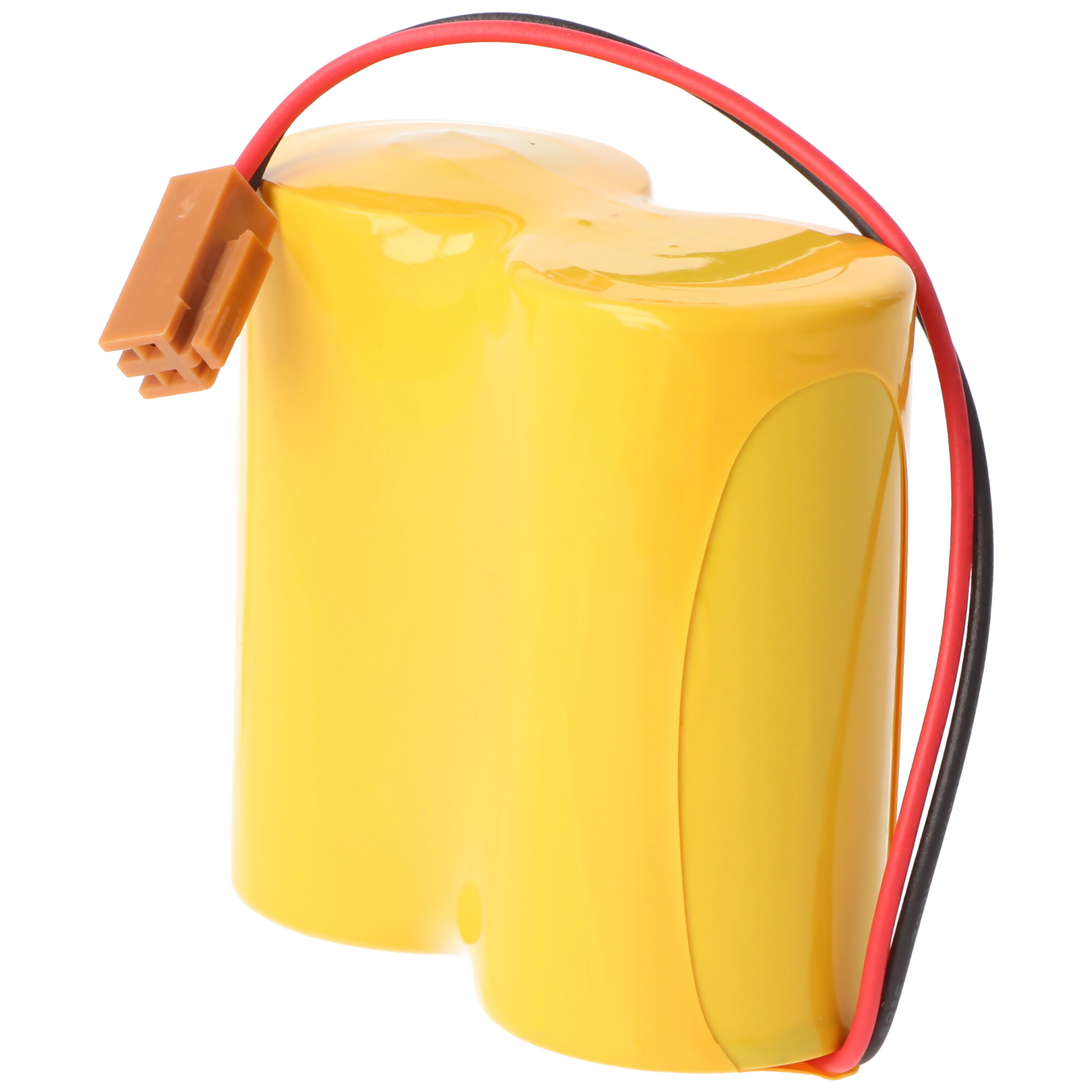 Eine gelbe Batterie mit zwei Zellen, schwarz/roten Drähten und einem braunen Stecker.