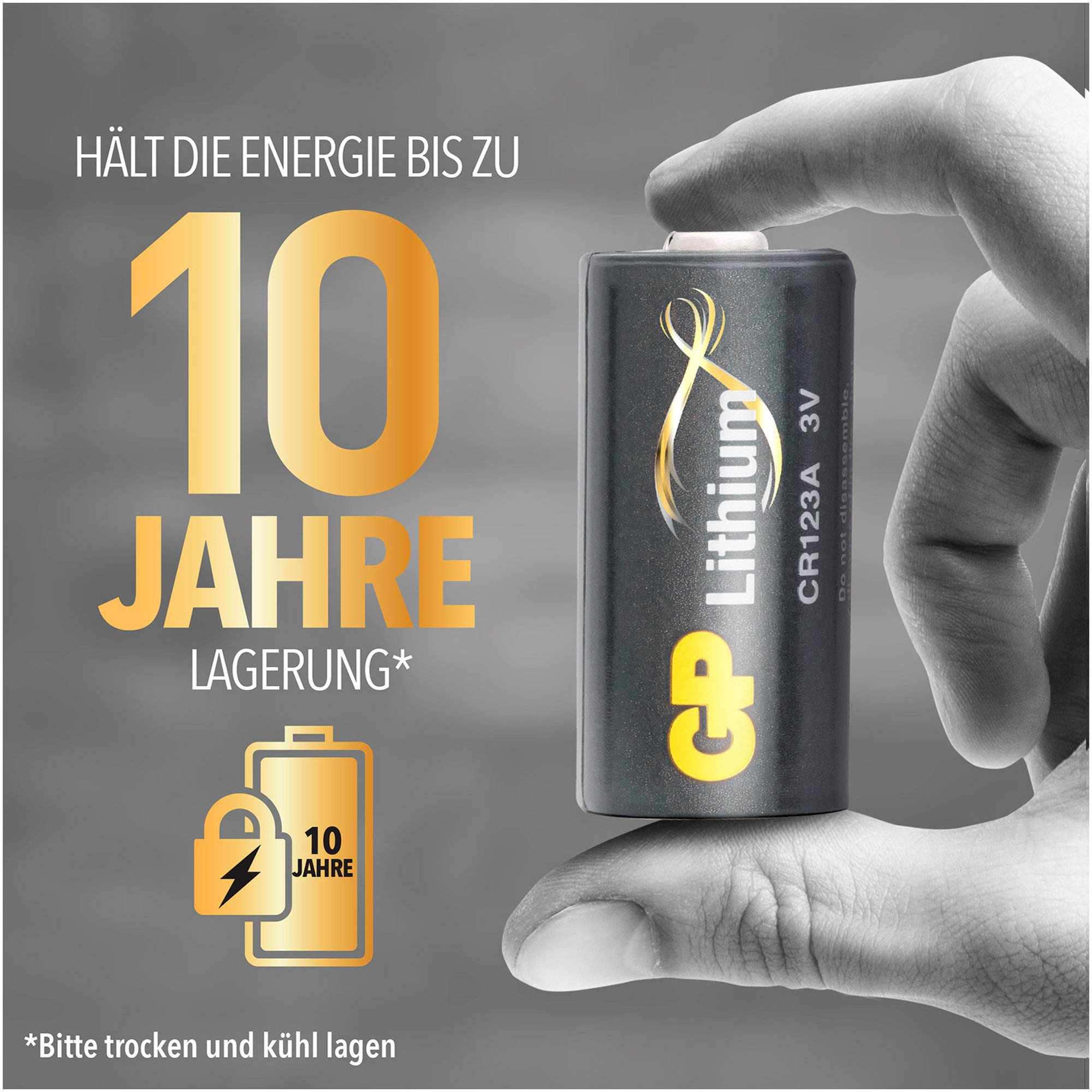 Batterie mit der Aufschrift '10 JAHRE' und einem Schlosssymbol. Text auf Deutsch.