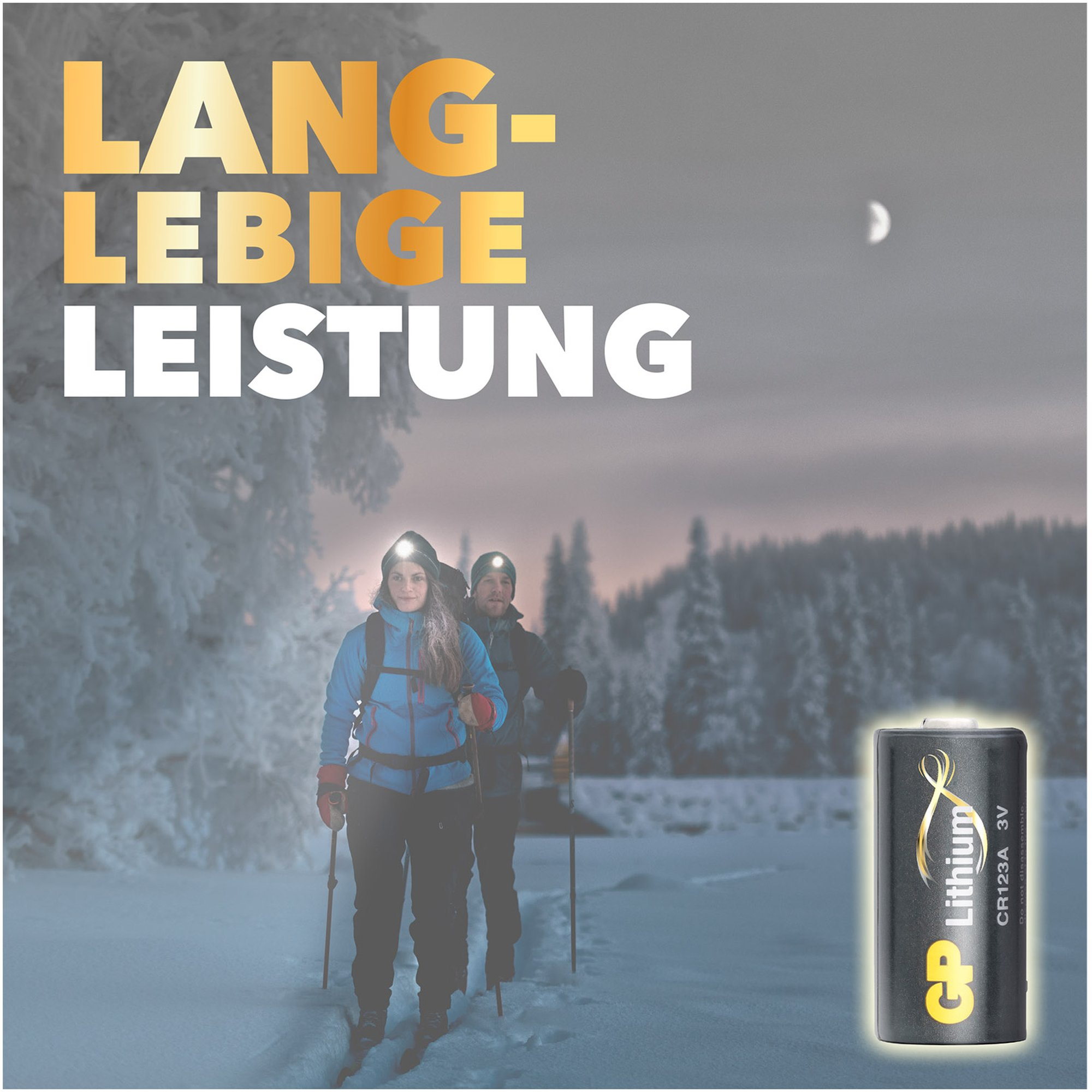 Zwei Personen skifahren in einer verschneiten Landschaft. Der Text im Bild lautet 'Langlebige Leistung'.