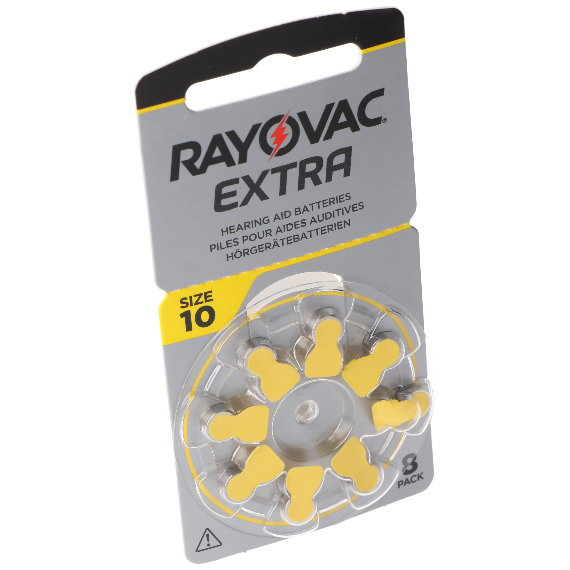 Rayovac Extra Hörgerätebatterien in einer Blisterpackung, gelbe Farbe.