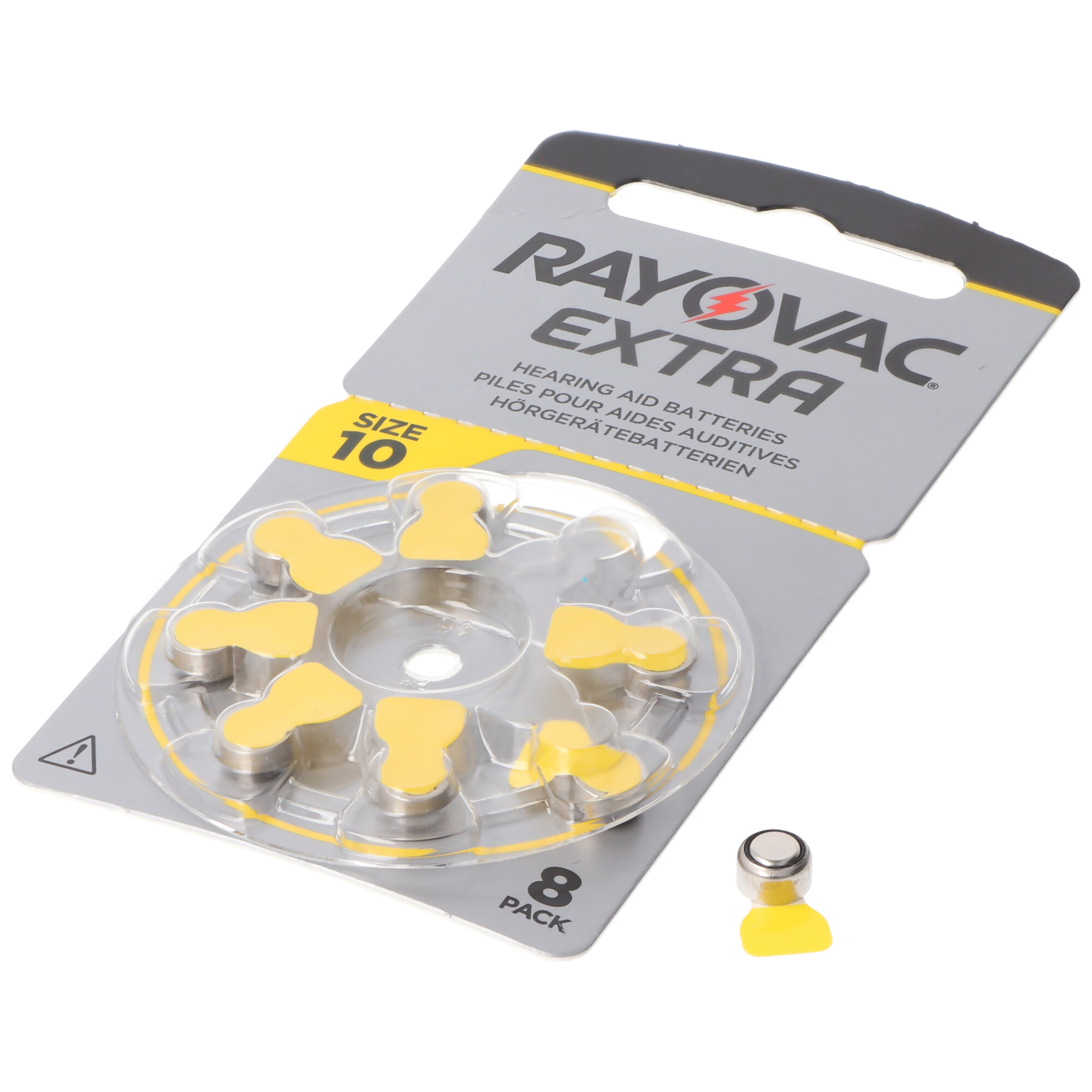 Rayovac Extra Hörgerätebatterien in einer Blisterpackung. Gelbe Laschen sind sichtbar.
