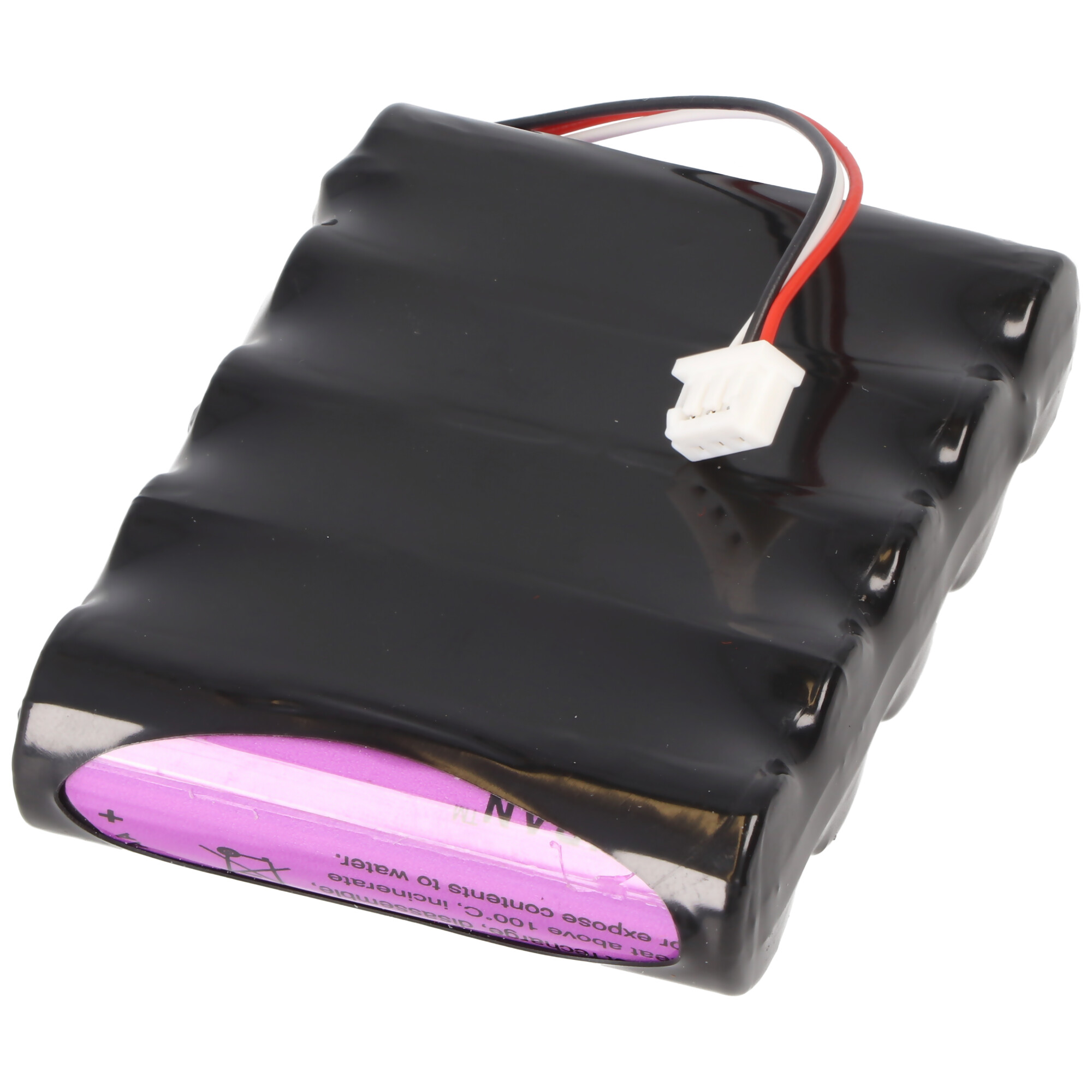 Ein schwarzes Batteriepack mit rot, weißen und schwarzen Kabeln.