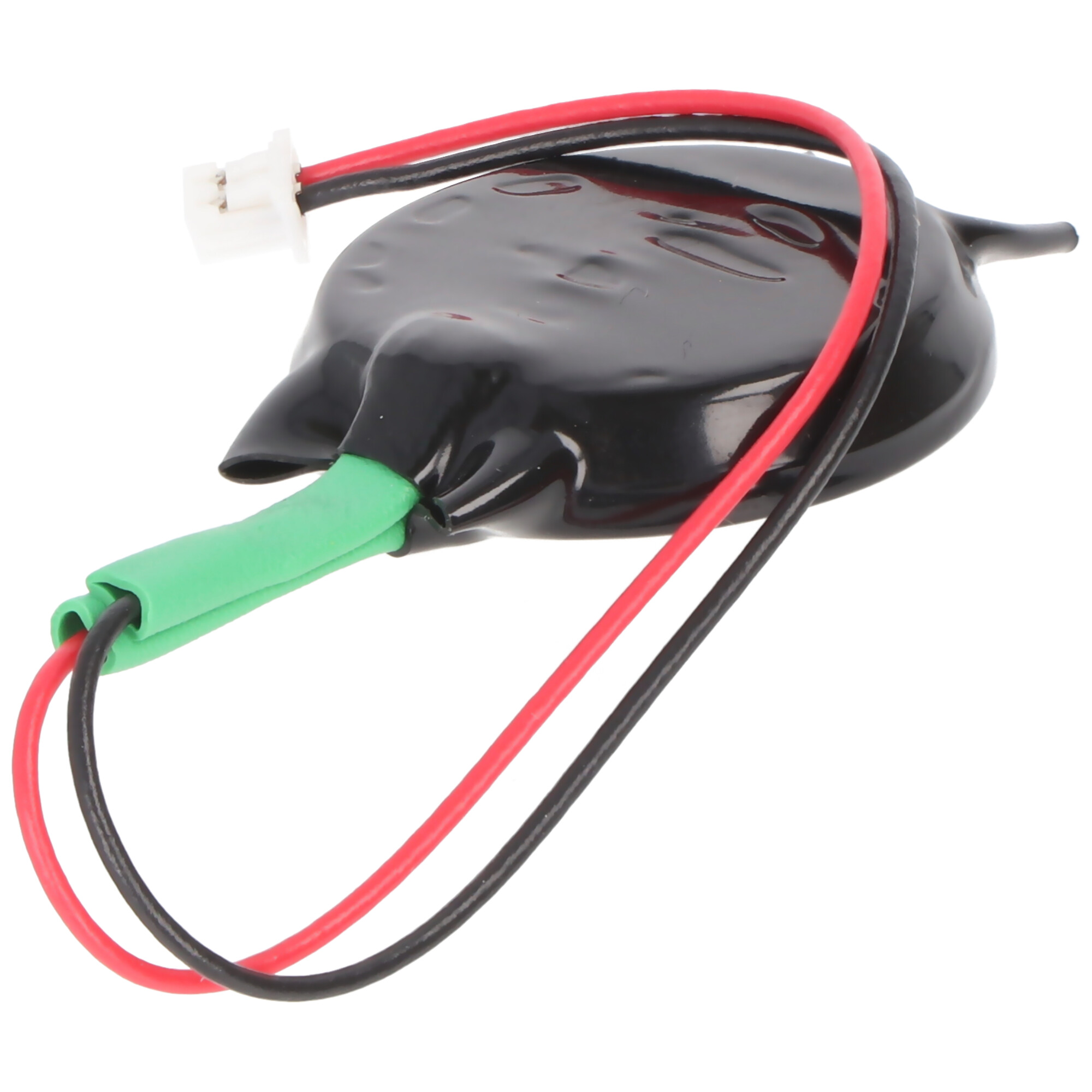 Eine schwarze Batterie mit roten und schwarzen Drähten und einem weißen Stecker, mit grünem Sockel.