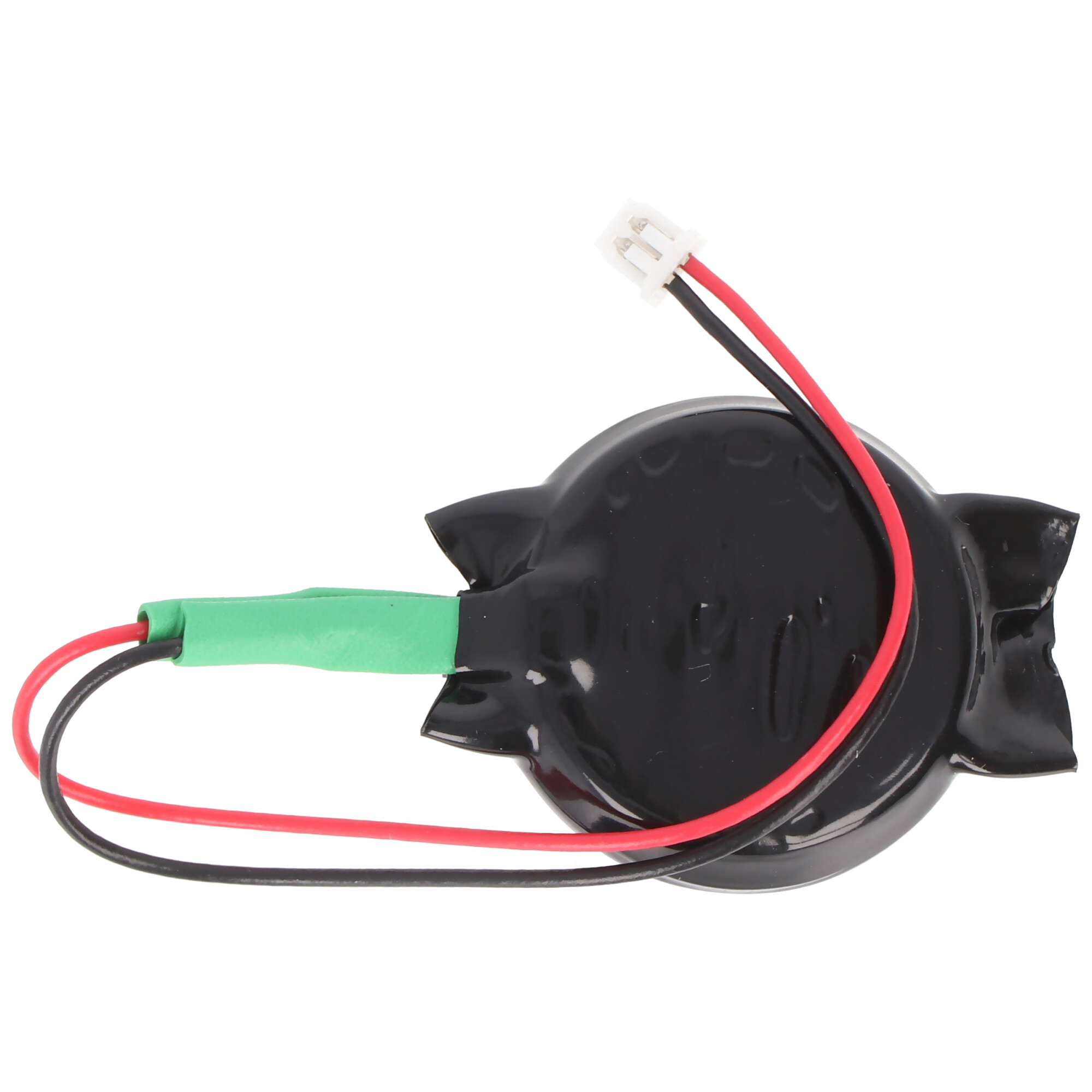 Schwarze Batterie mit roten und schwarzen Drähten und einem weißen Stecker, auf weißem Hintergrund.