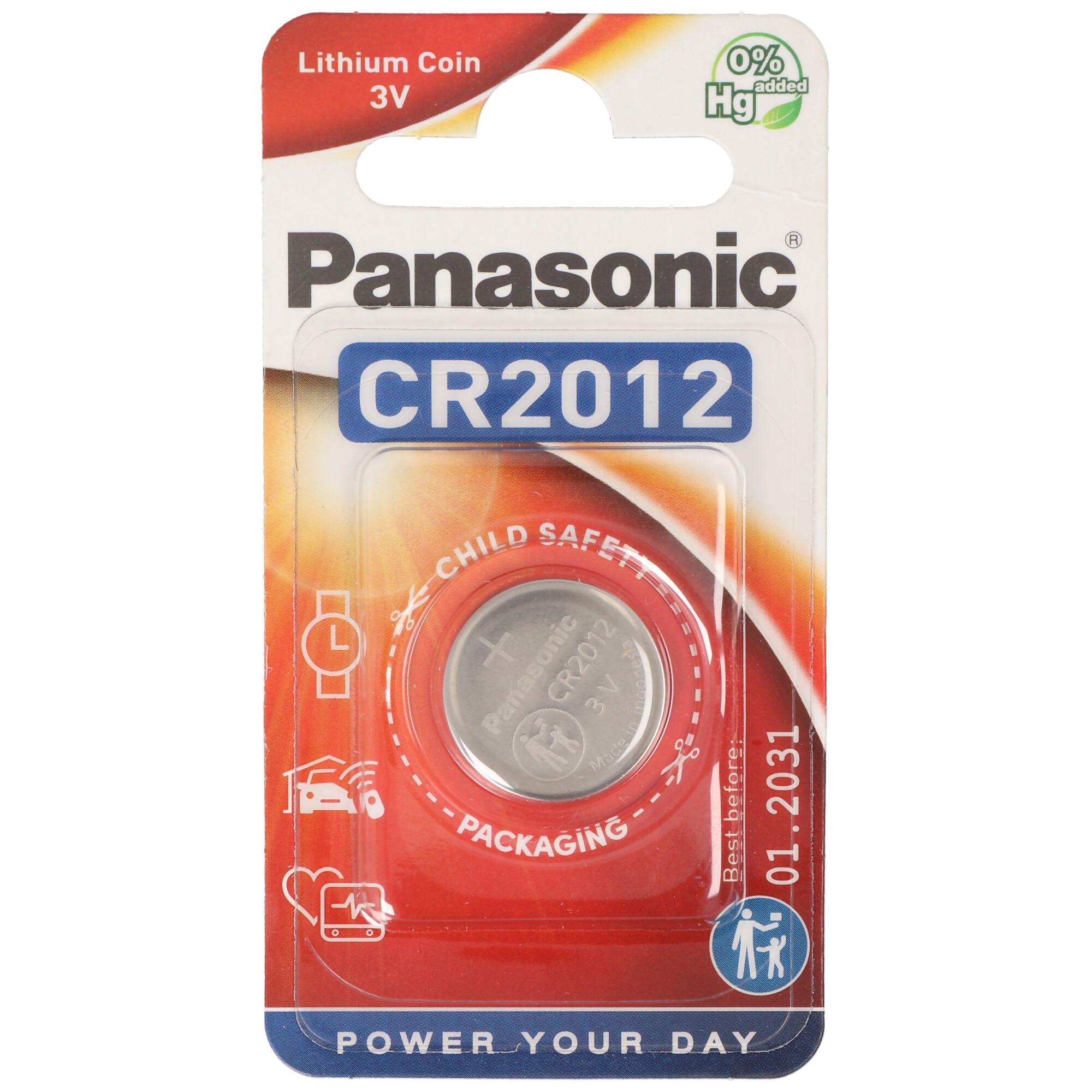 Eine Panasonic CR2012 Batterie in einer Blisterpackung. Die Verpackung hat Sicherheits- und Nutzungssymbole.