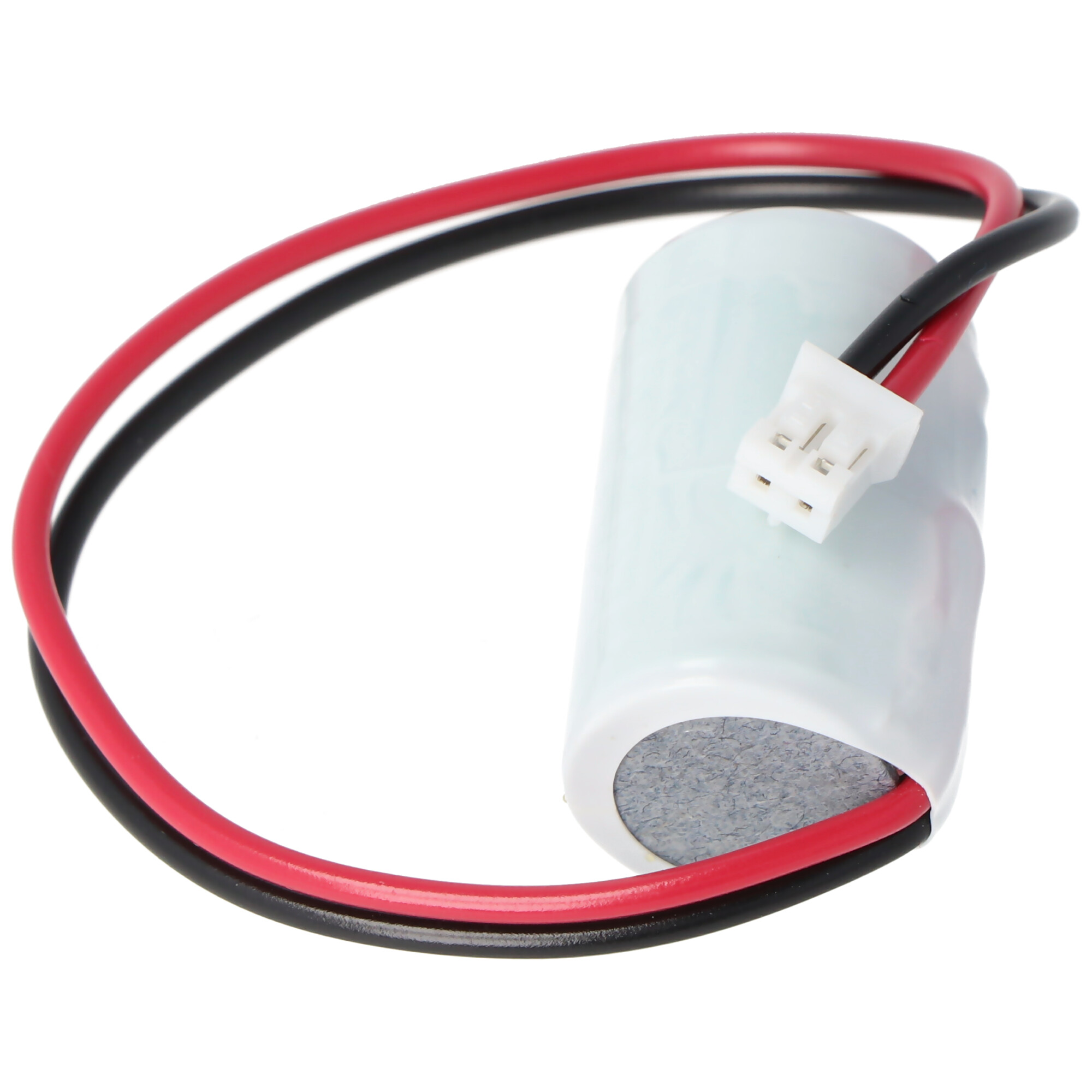 Weiße Batterie mit roten und schwarzen Drähten und einem Stecker.