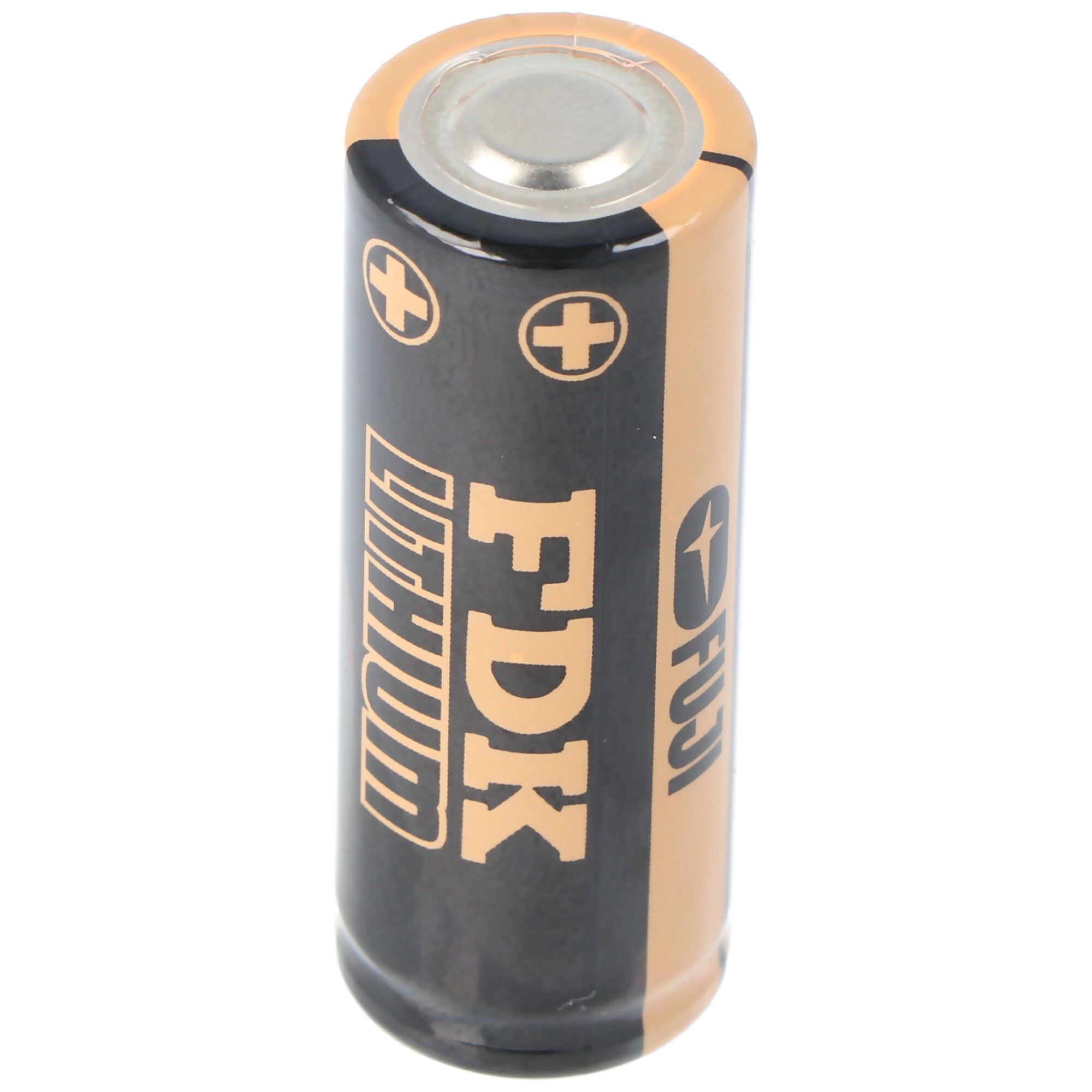 Eine schwarz-goldene zylindrische Batterie mit Plus- und Minuszeichen.