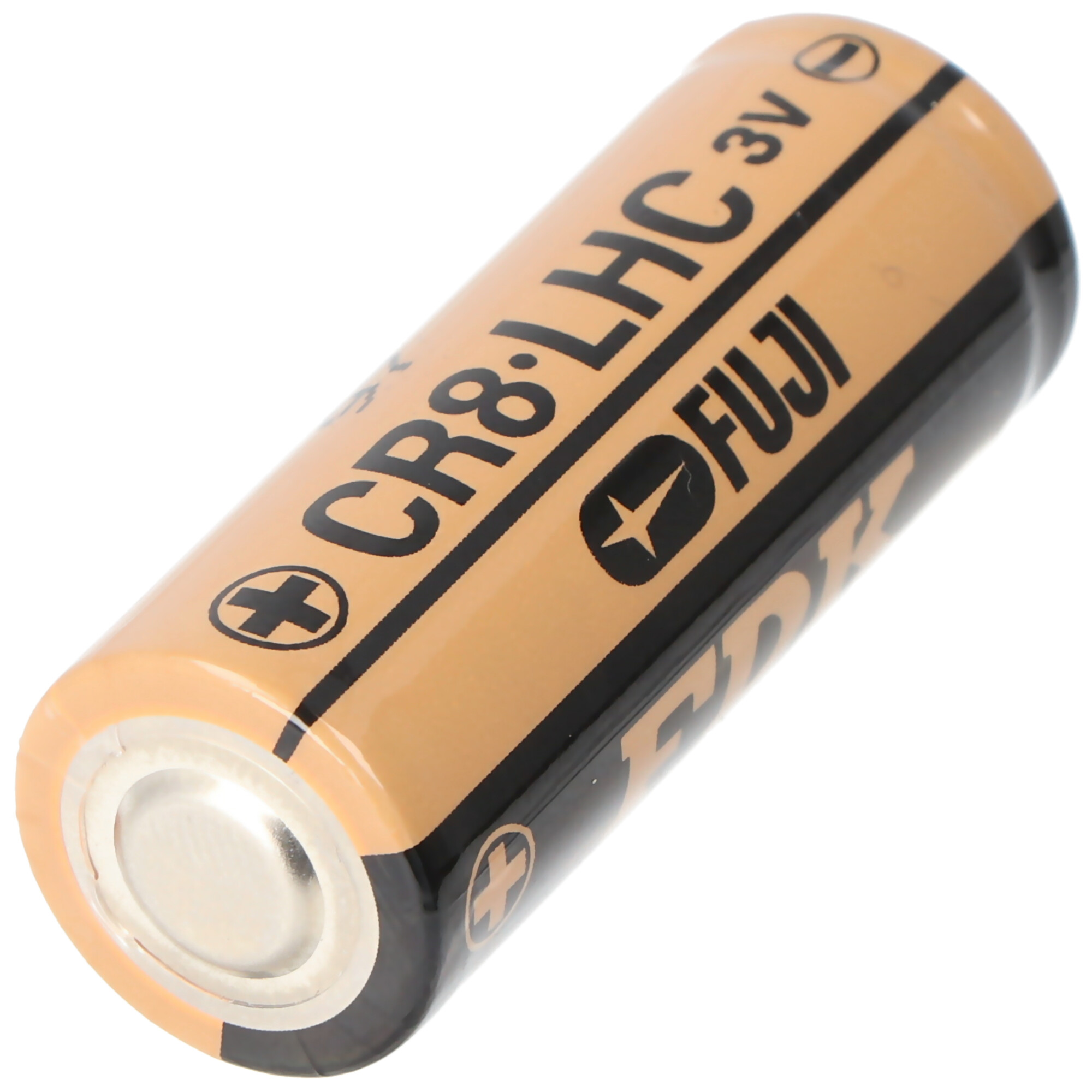Braune und schwarze Fuji CR8-LHC 3V Batterie mit Text und einem Pluszeichen am Ende.