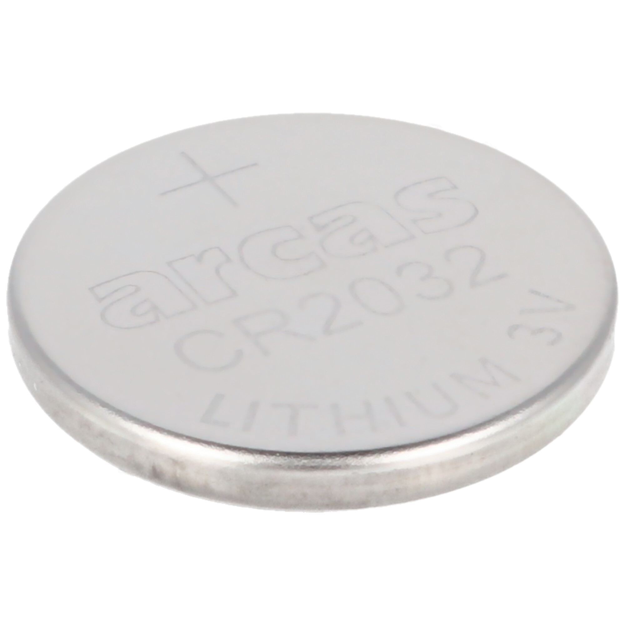 Silberne kreisförmige Knopfzellenbatterie mit dem Text 'arcas CR2032 LITHIUM 3V'.