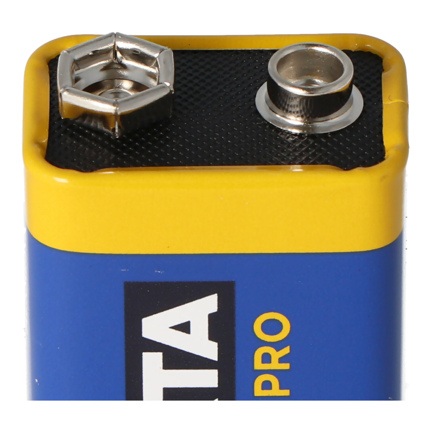 Eine blau-gelbe 9-Volt-Batterie mit dem Wort PRO.