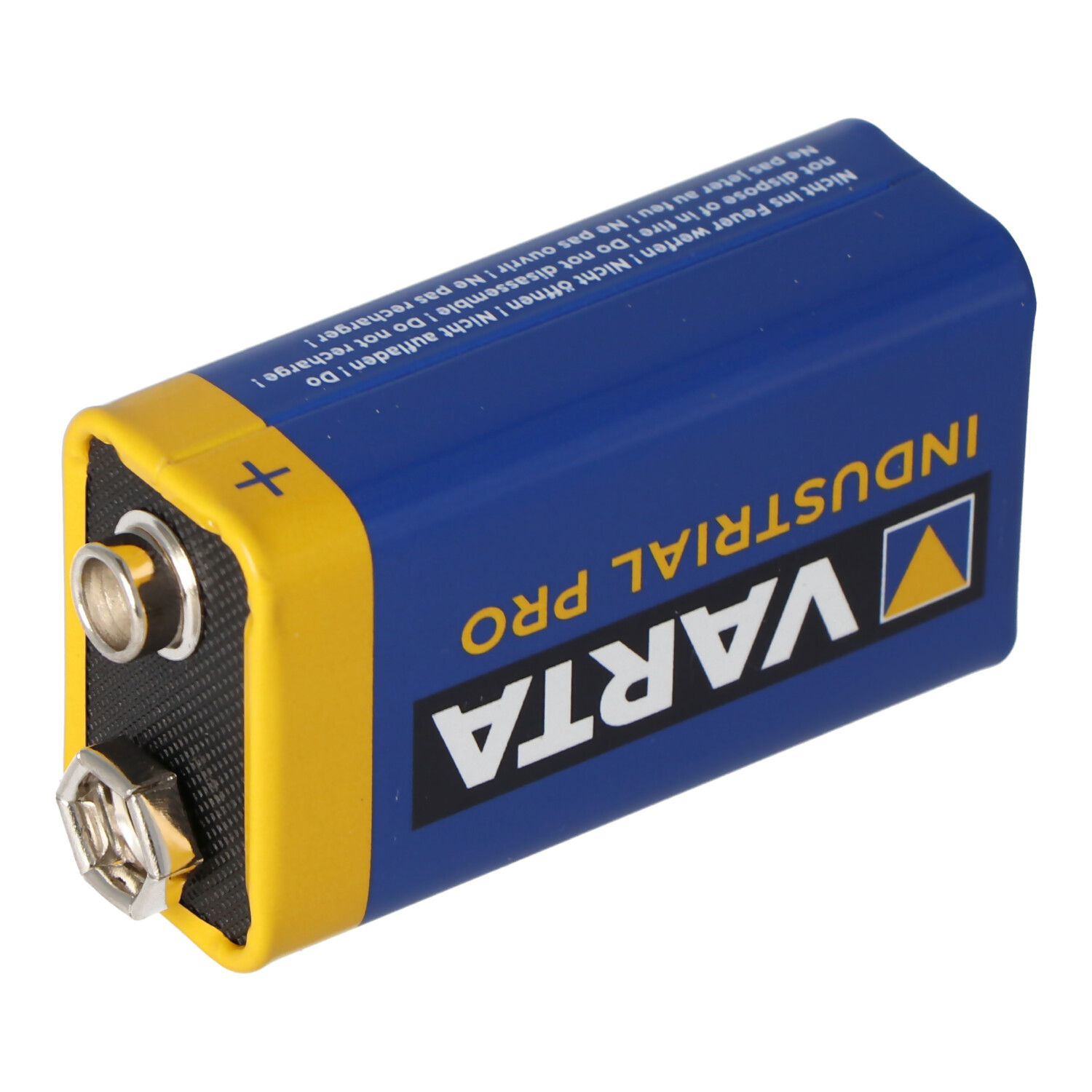 Eine blaue und gelbe rechteckige 9V-Batterie mit der Aufschrift 'INDUSTRIAL PRO' von Varta.