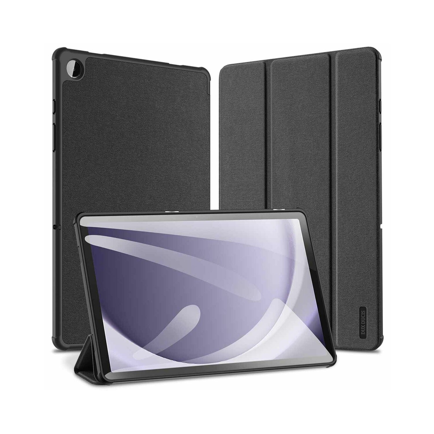Schwarzes Tablet mit drei Hüllen auf weißem Hintergrund. Das Tablet steht auf seinem Ständer.
