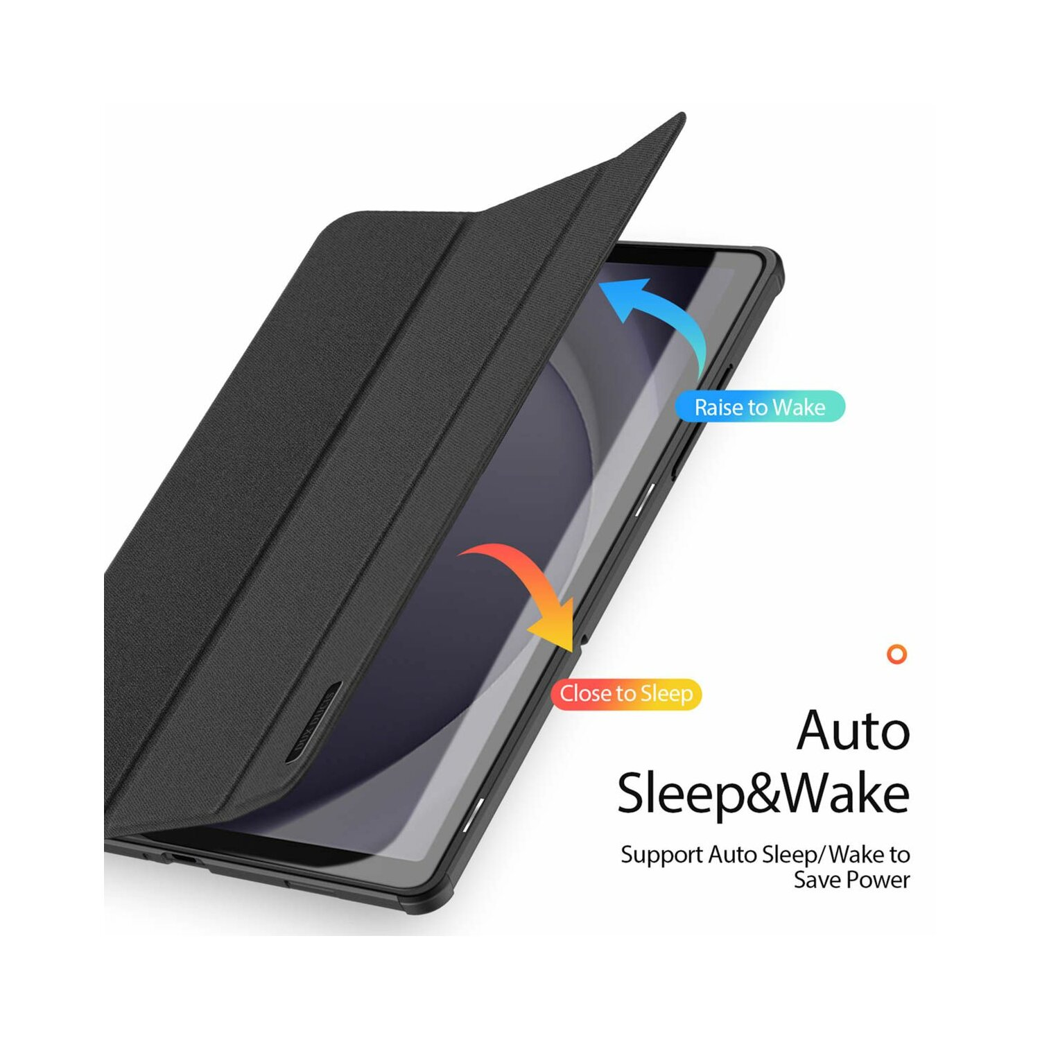 Eine schwarze Handyhülle mit den Worten Auto Sleep & Wake und Pfeilen.
