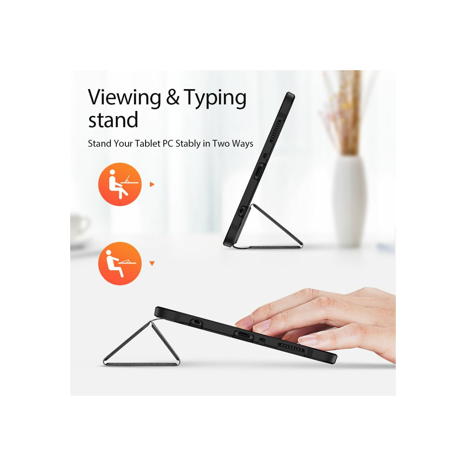 Ein schwarzes Tablet in zwei Ständern. Weißer Hintergrund. Diagramme zeigen, wie man die Ständer aufbaut.
