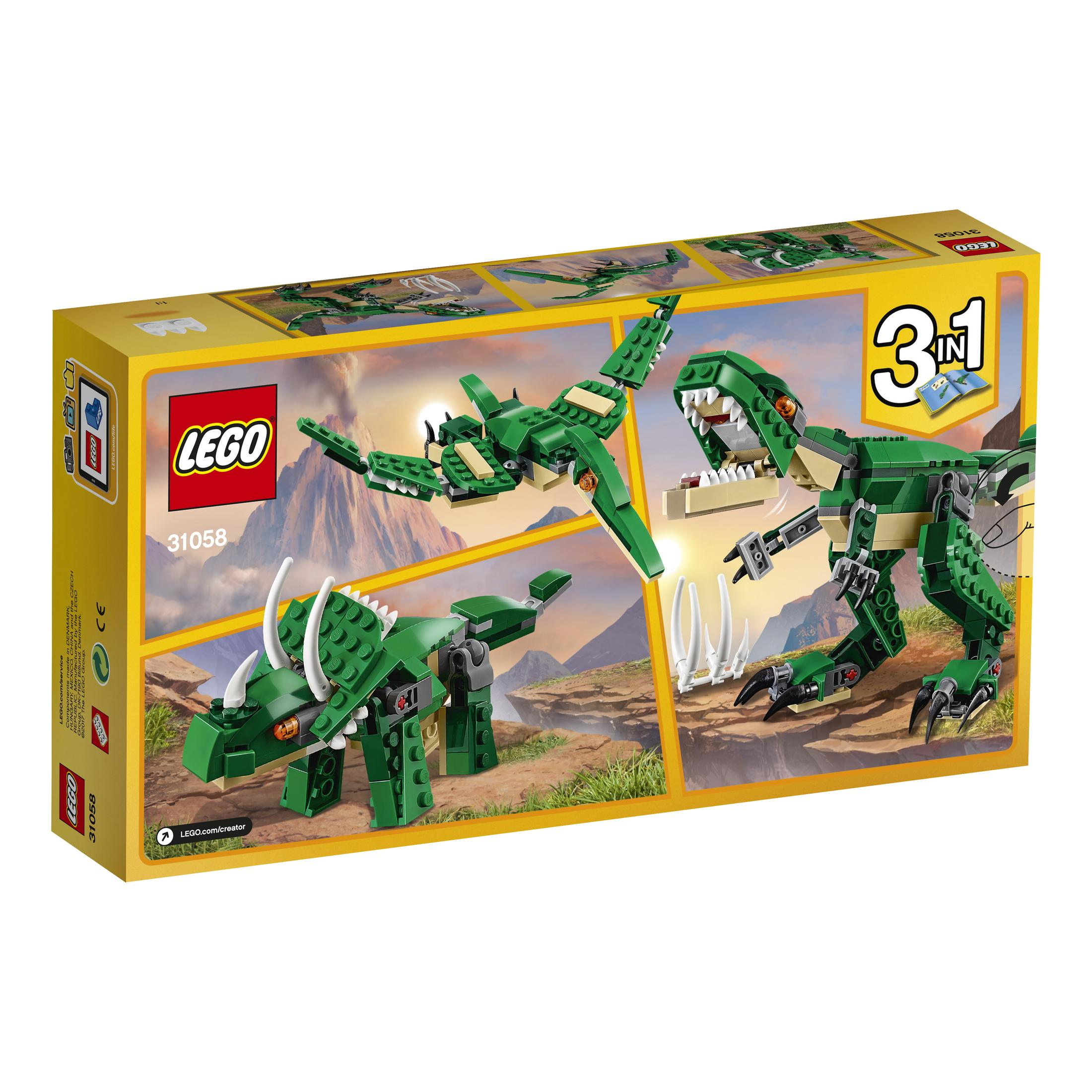 Lego-Box mit drei Dinosaurier-Modellen: Pterodactyl, Triceratops und T-Rex.