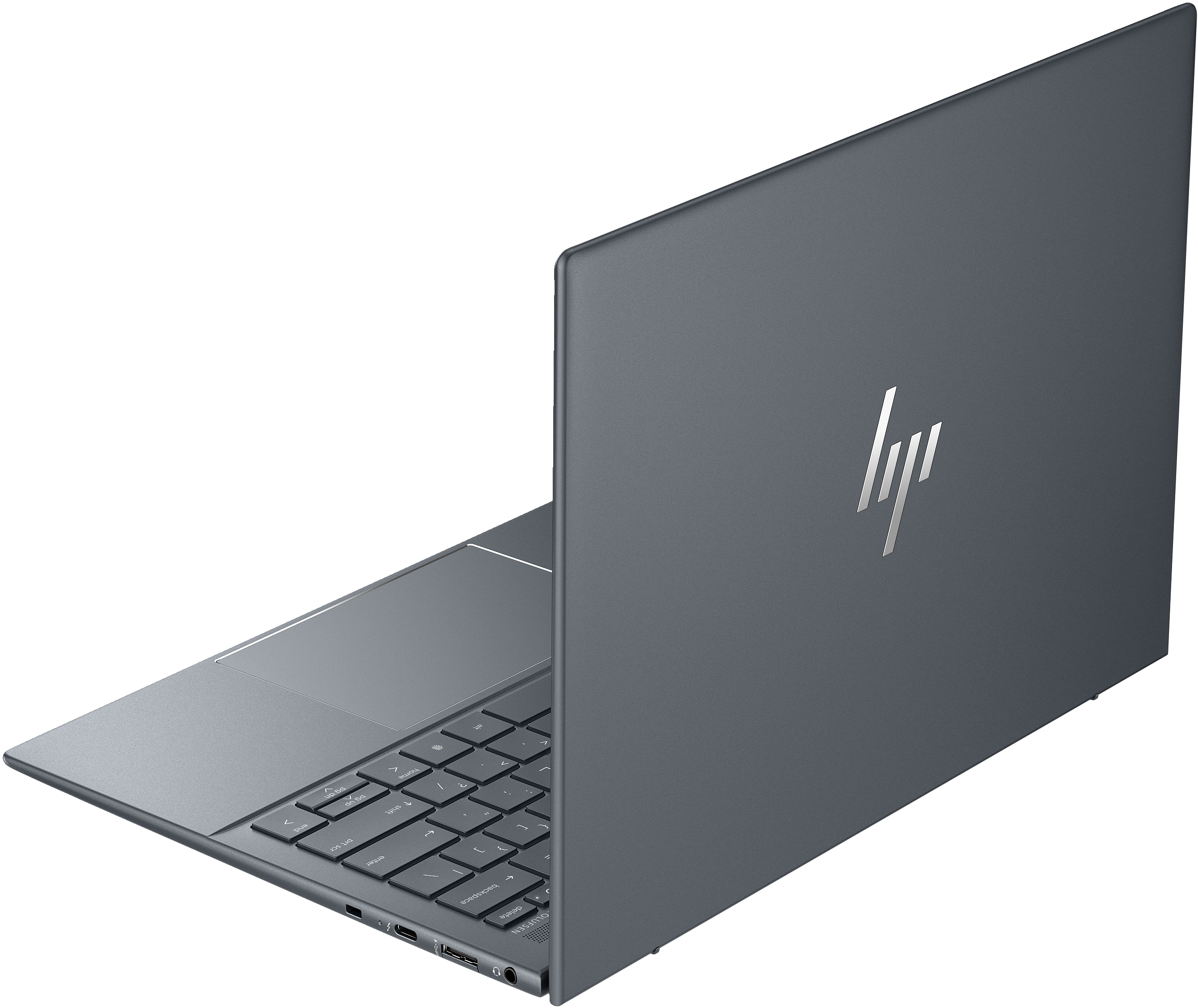 Laptop grigio, aperto ad angolo. Logo HP argentato visibile. Tastiera nera, schermo acceso.