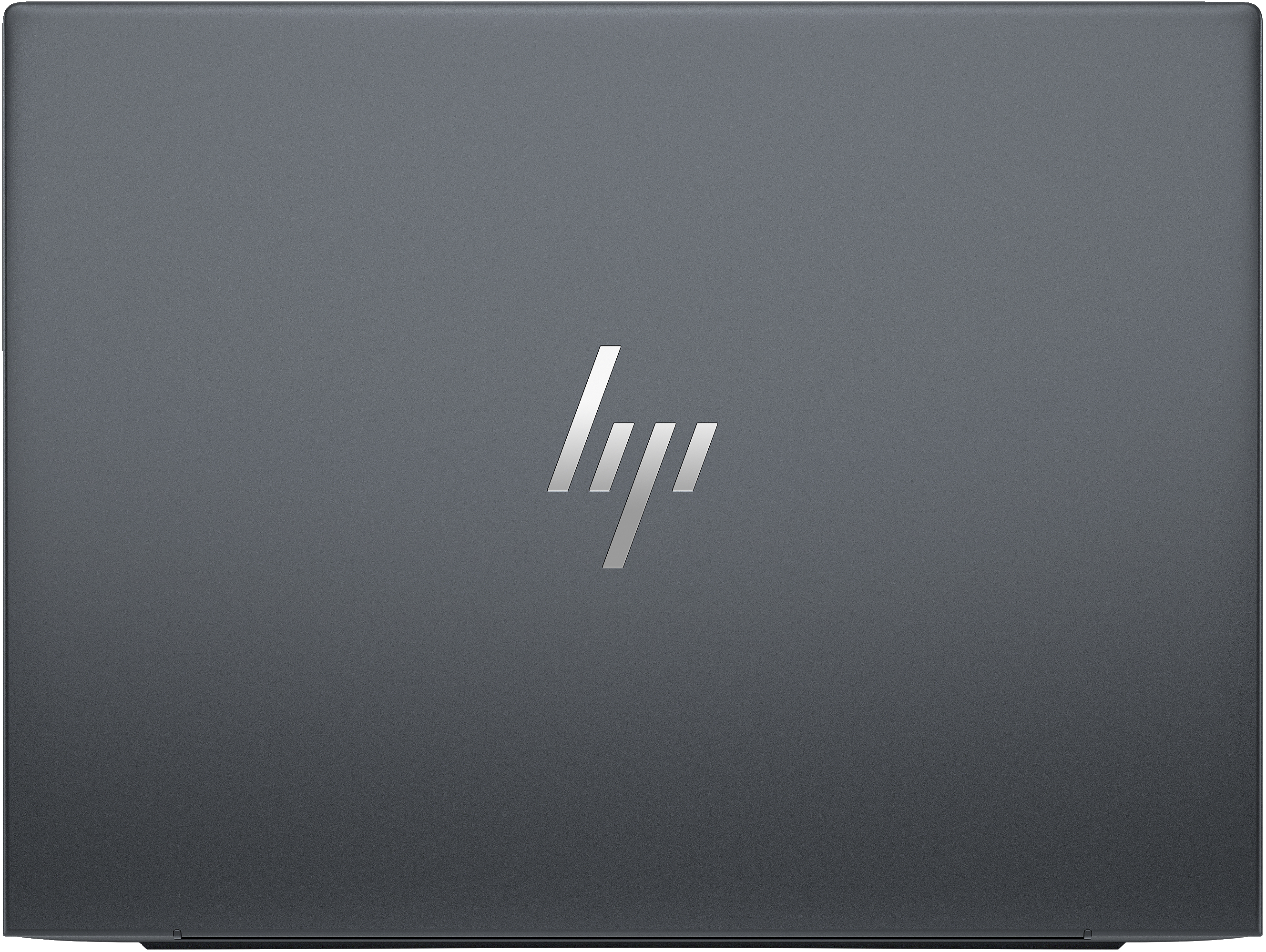 Un laptop grigio scuro con il logo HP sul coperchio, centrato e in argento.