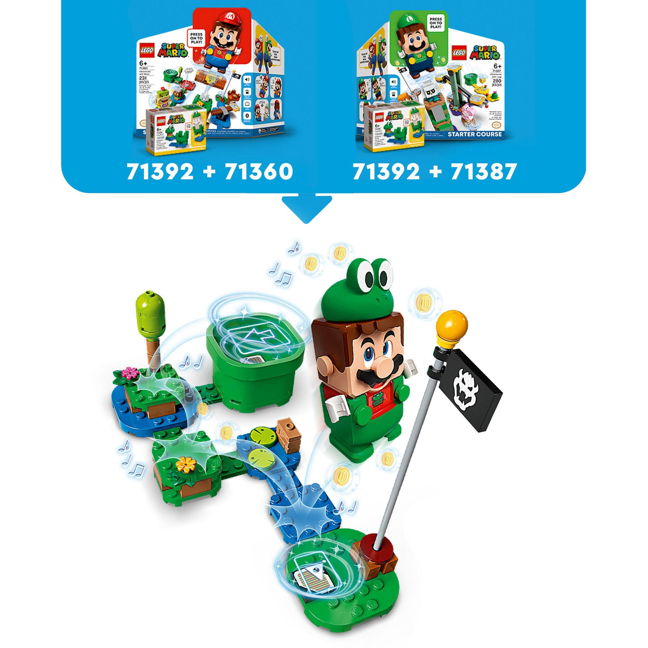 LEGO Super Mario Sets mit Mario Figuren und Kurselementen werden auf weißer Oberfläche dargestellt.