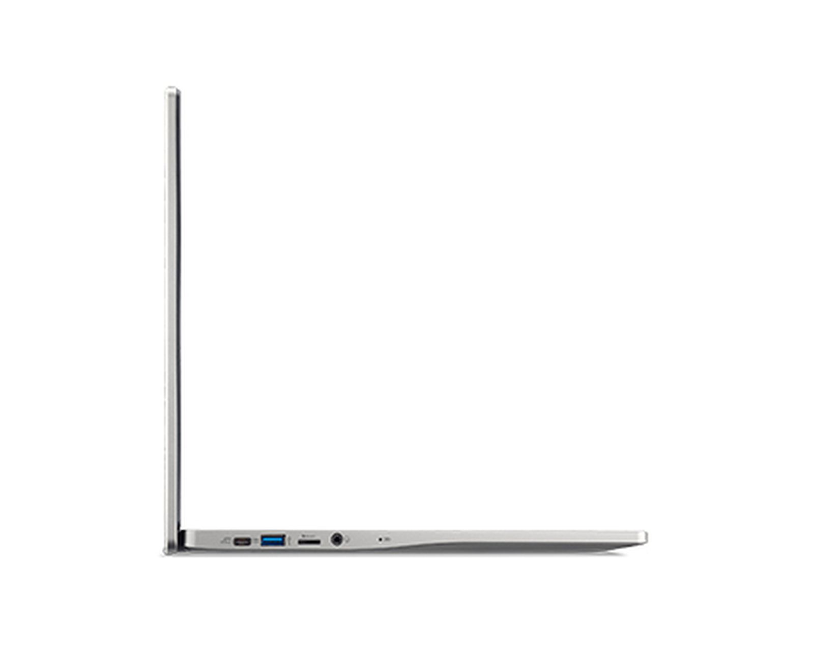 Laptop argento, vista laterale. Sfondo bianco.