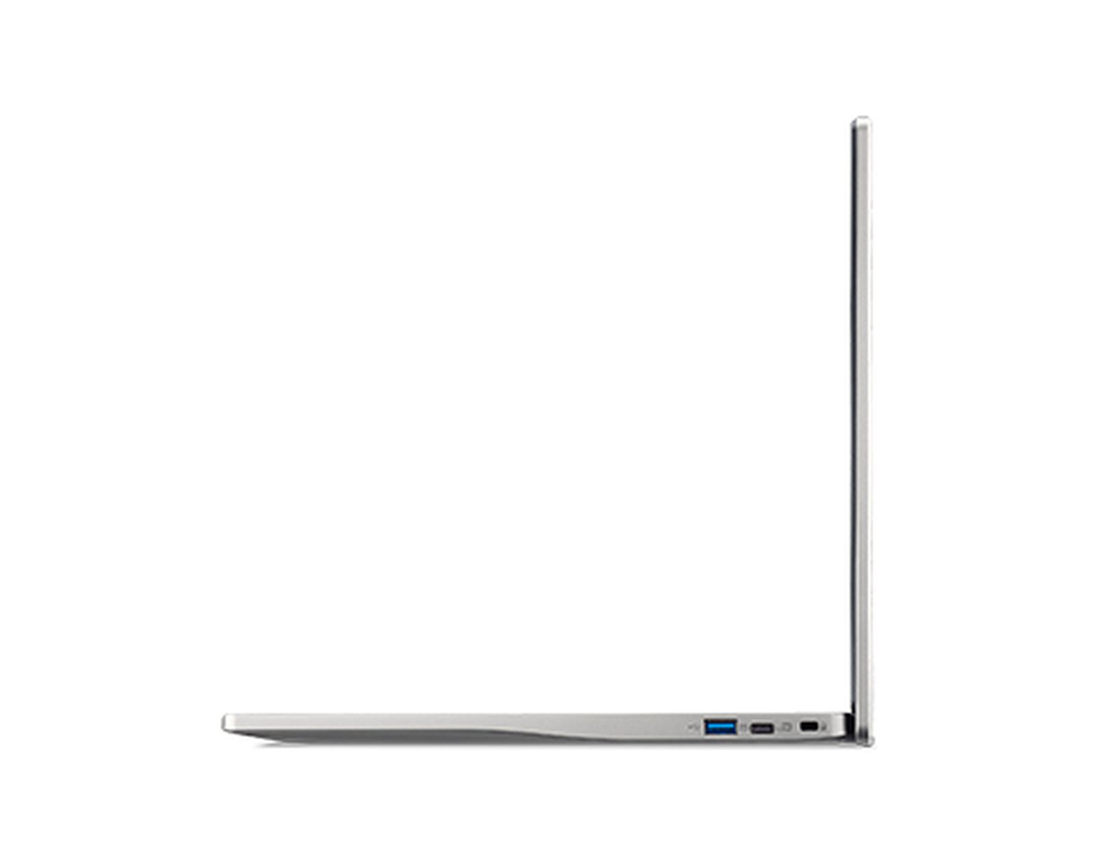 Un laptop argentato visto di lato. Lo schermo è chiuso. Ha alcune porte sul lato.