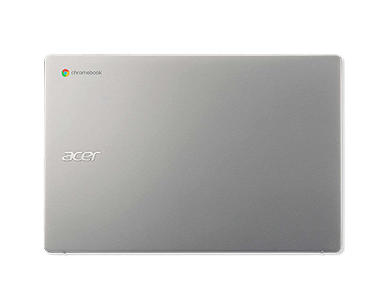 Chromebook Acer argentato, che mostra il retro con i loghi Acer e Chromebook.
