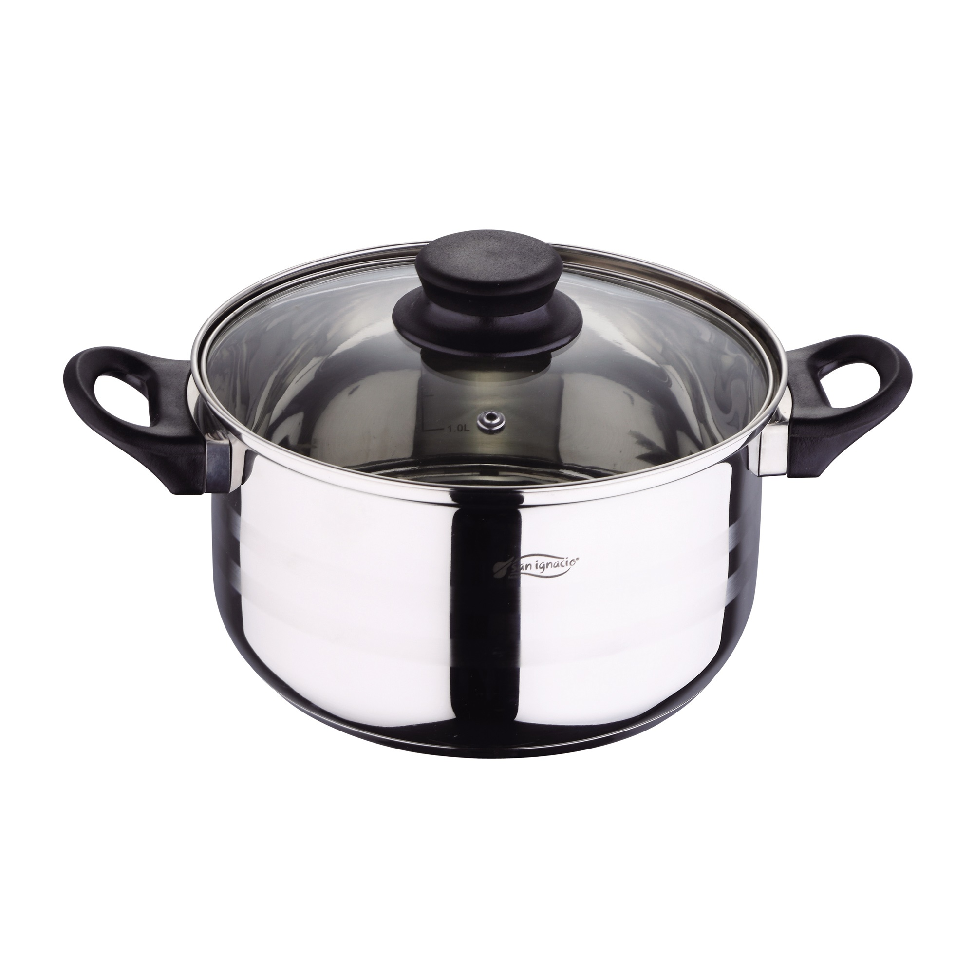 Una olla brillante de acero inoxidable con tapa de cristal y asas negras.