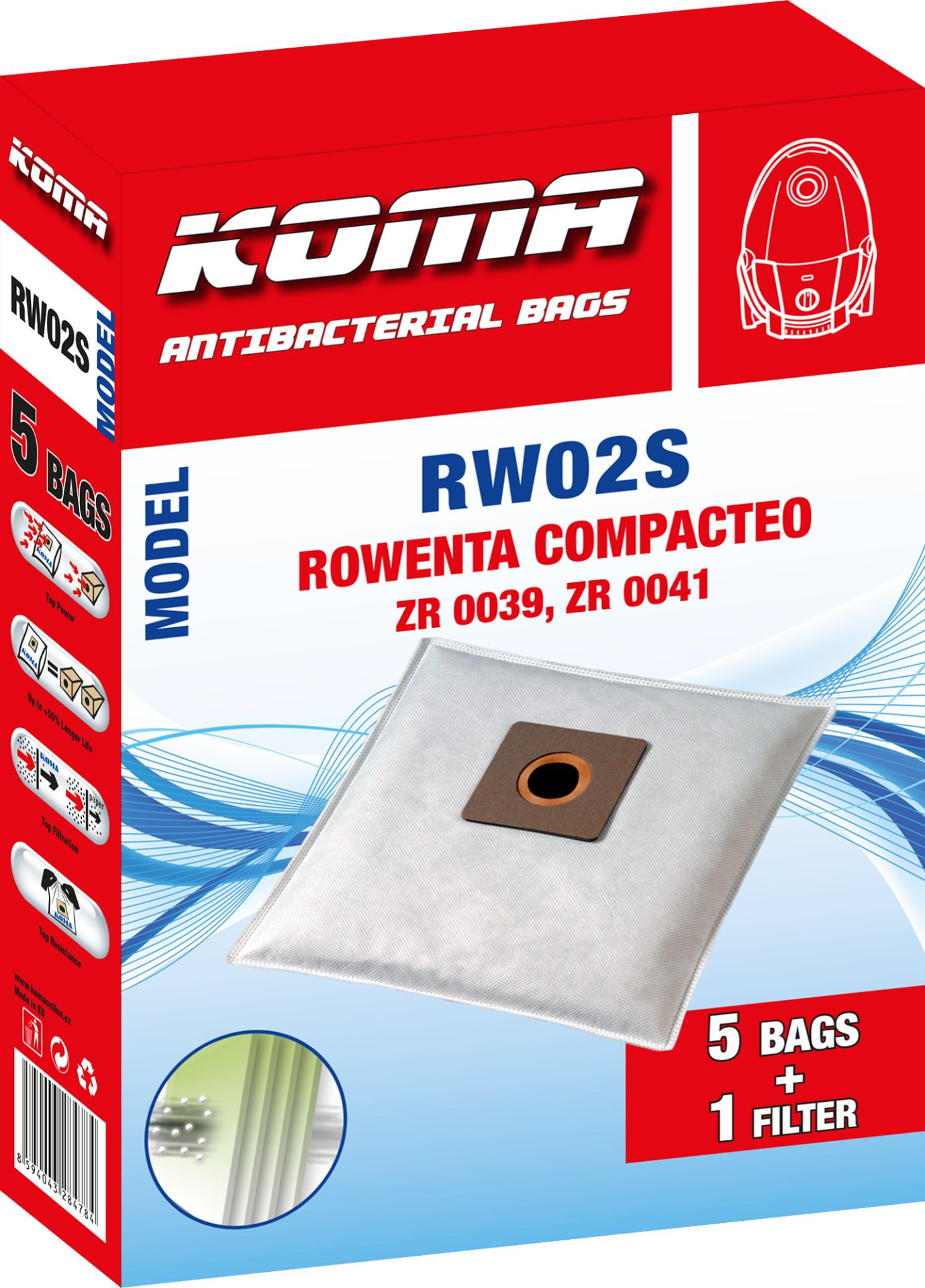 Eine Schachtel mit Staubsaugerbeuteln mit Text und Bildern. Es ist für Rowenta Compacteo ZR 0039, 0041.